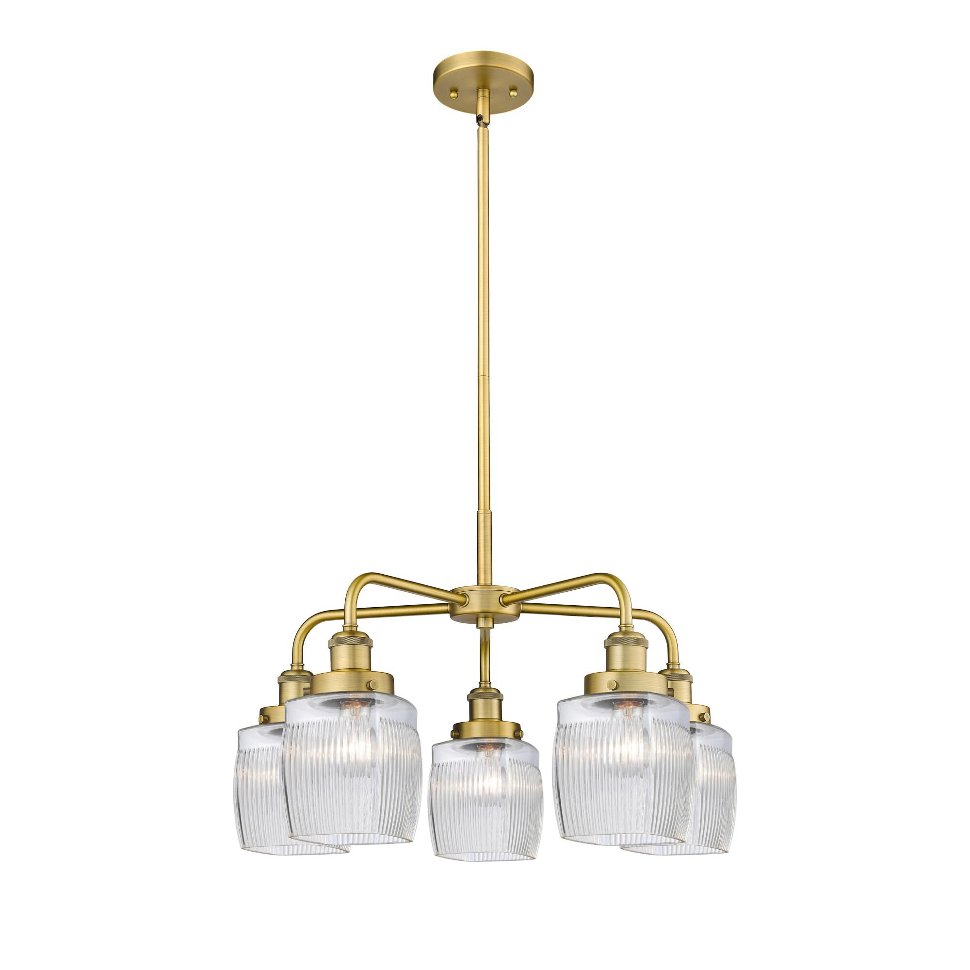 Shown in Brushed Brass finish and Clear Halophane glass