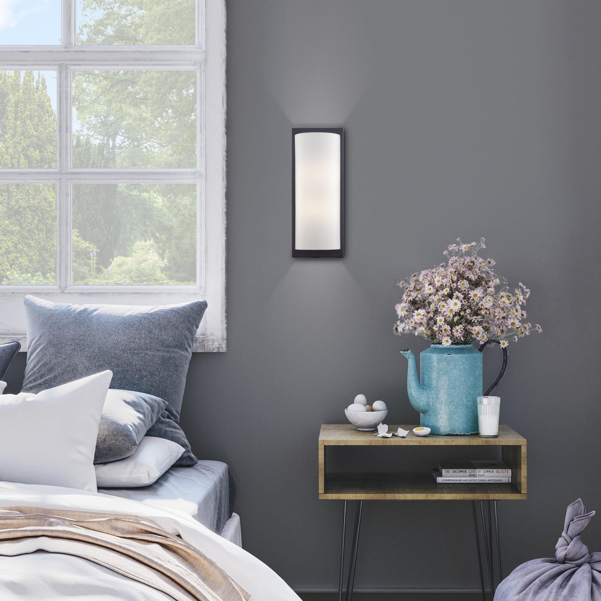 Shown in Black finish and Hand Crafted Off-White Fabric Hardback shade