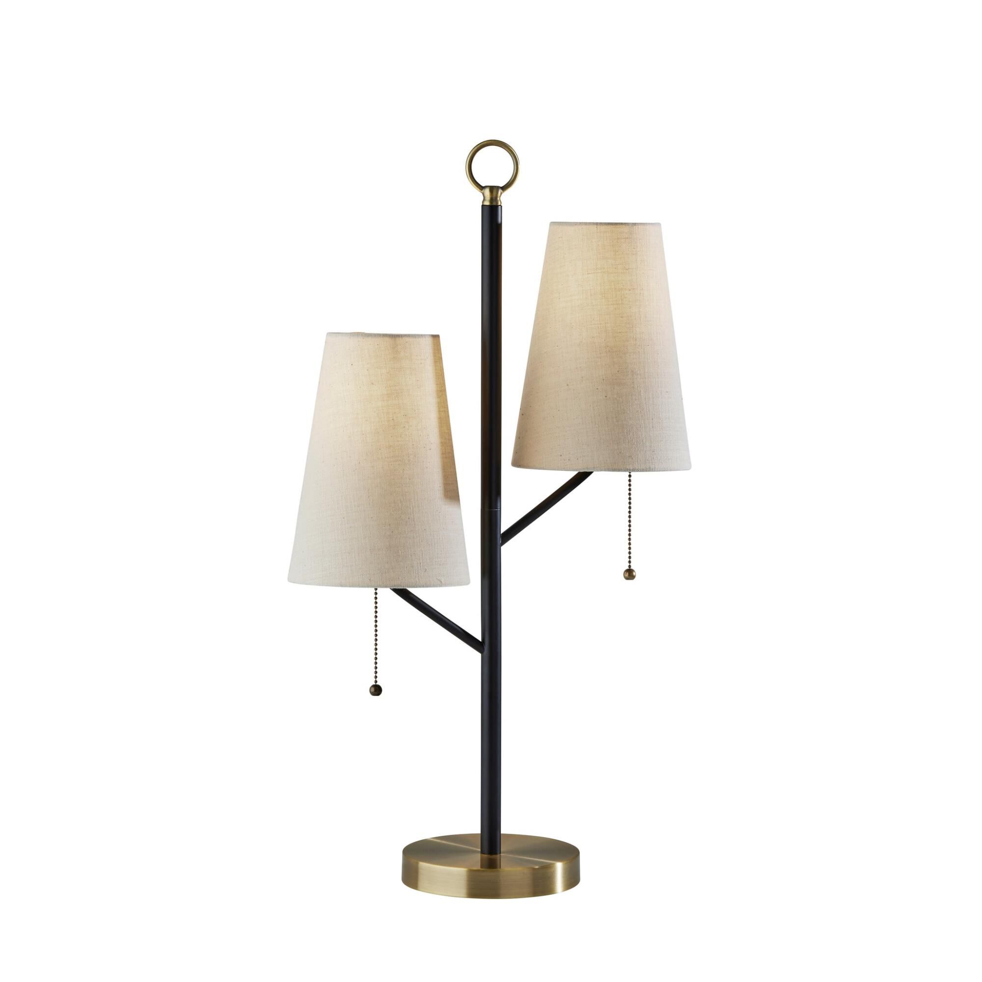 Shown in Black W. Antique Brass Accents finish and Cream Textured Fabric shade