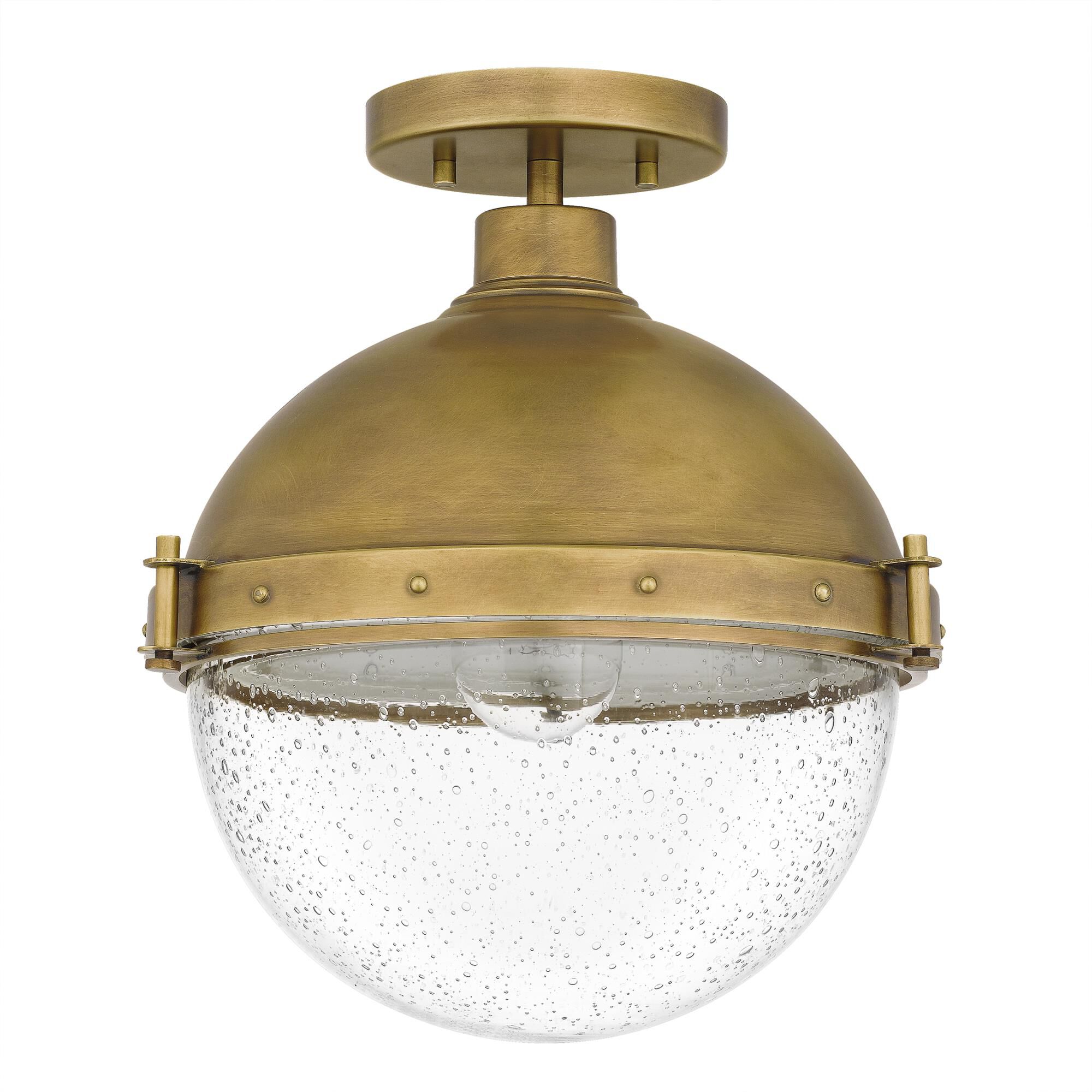 Shown in Weathered Brass finish and Clear Seedy glass