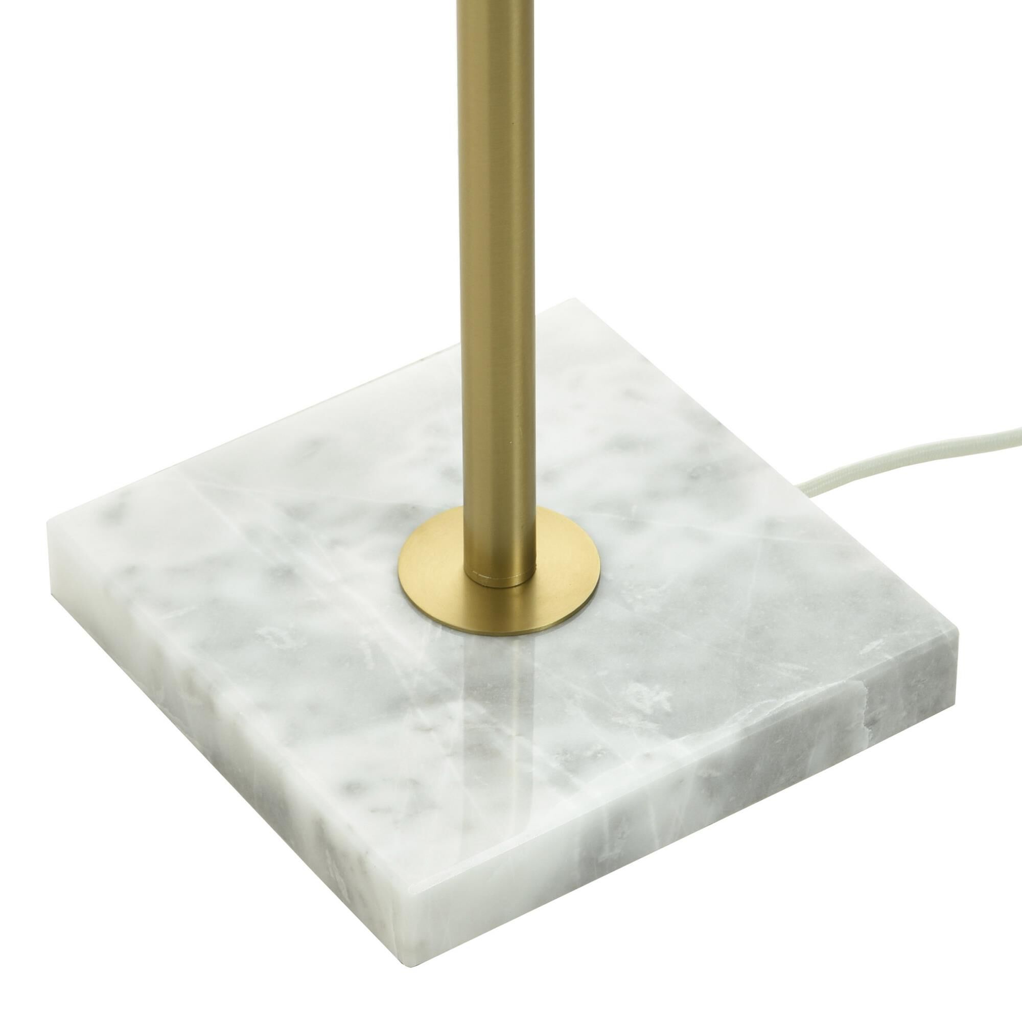 Shown in White Marble and Polished Brass finish and Glossy White shade