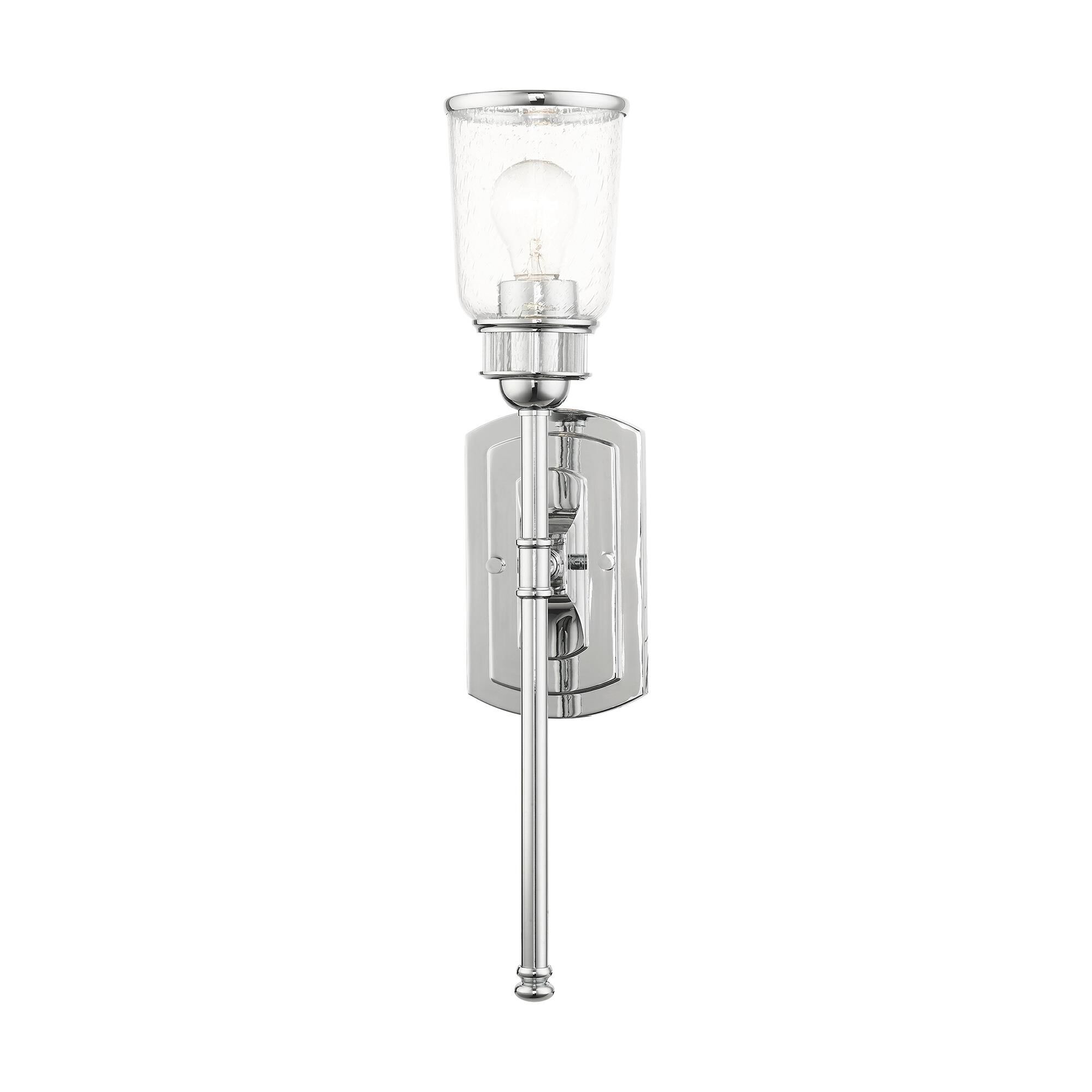 Shown in Polished Chrome finish and Hand Blown Clear Seeded glass and Hand Blown Clear Seeded Glass shade