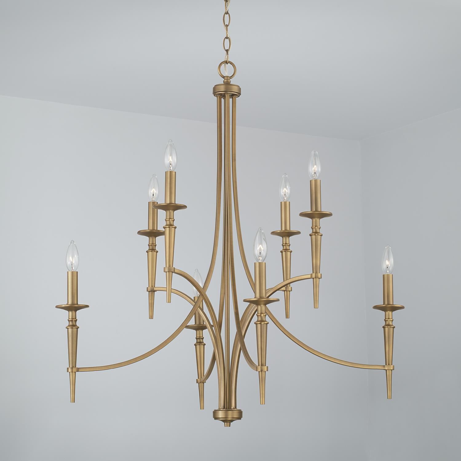 Shown in Aged Brass finish and 701 glass and White Fabric Stay-Straight s shade