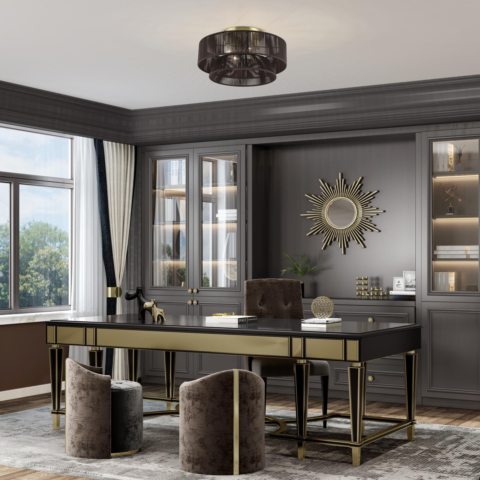 Shown in Antique Brass finish and Hand-Woven Dark Chocolate Color Polyester Rope shade