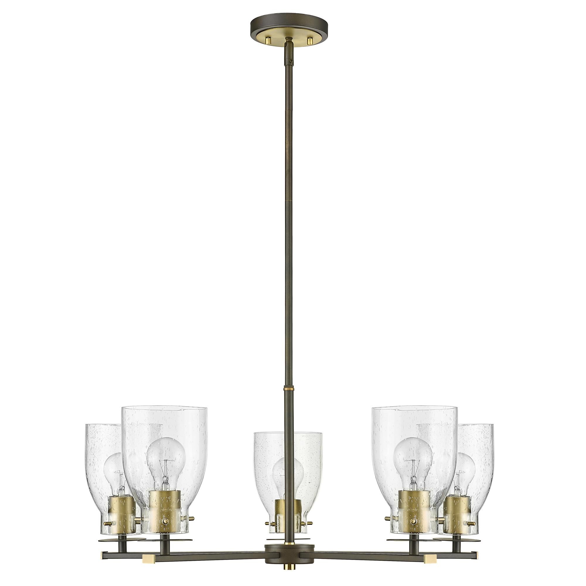 Shown in Oil Rubbed Bronze And Antique Brass finish and Clear Seedy Glass shade