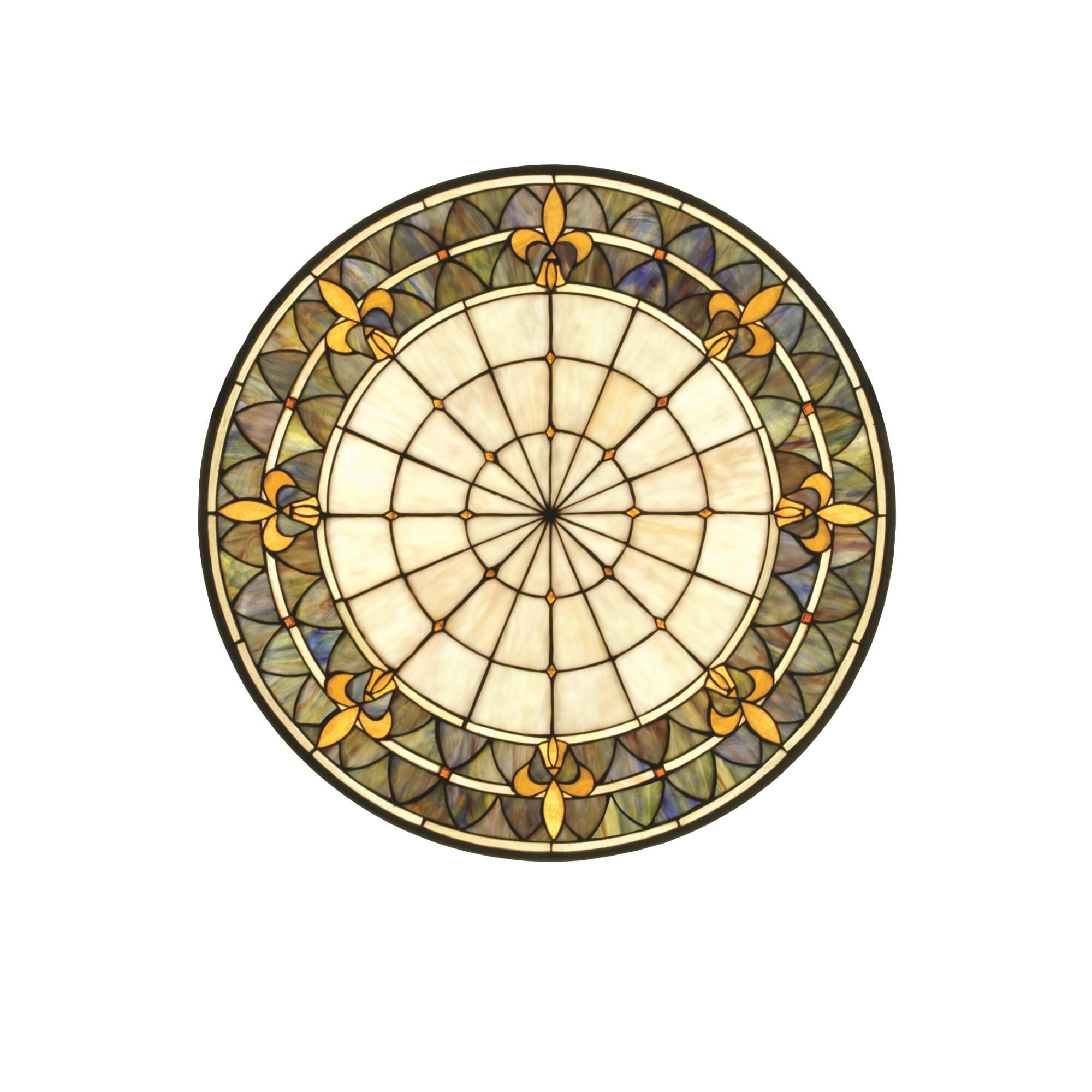 Shown in Brass finish and Green-Blue-Amber glass