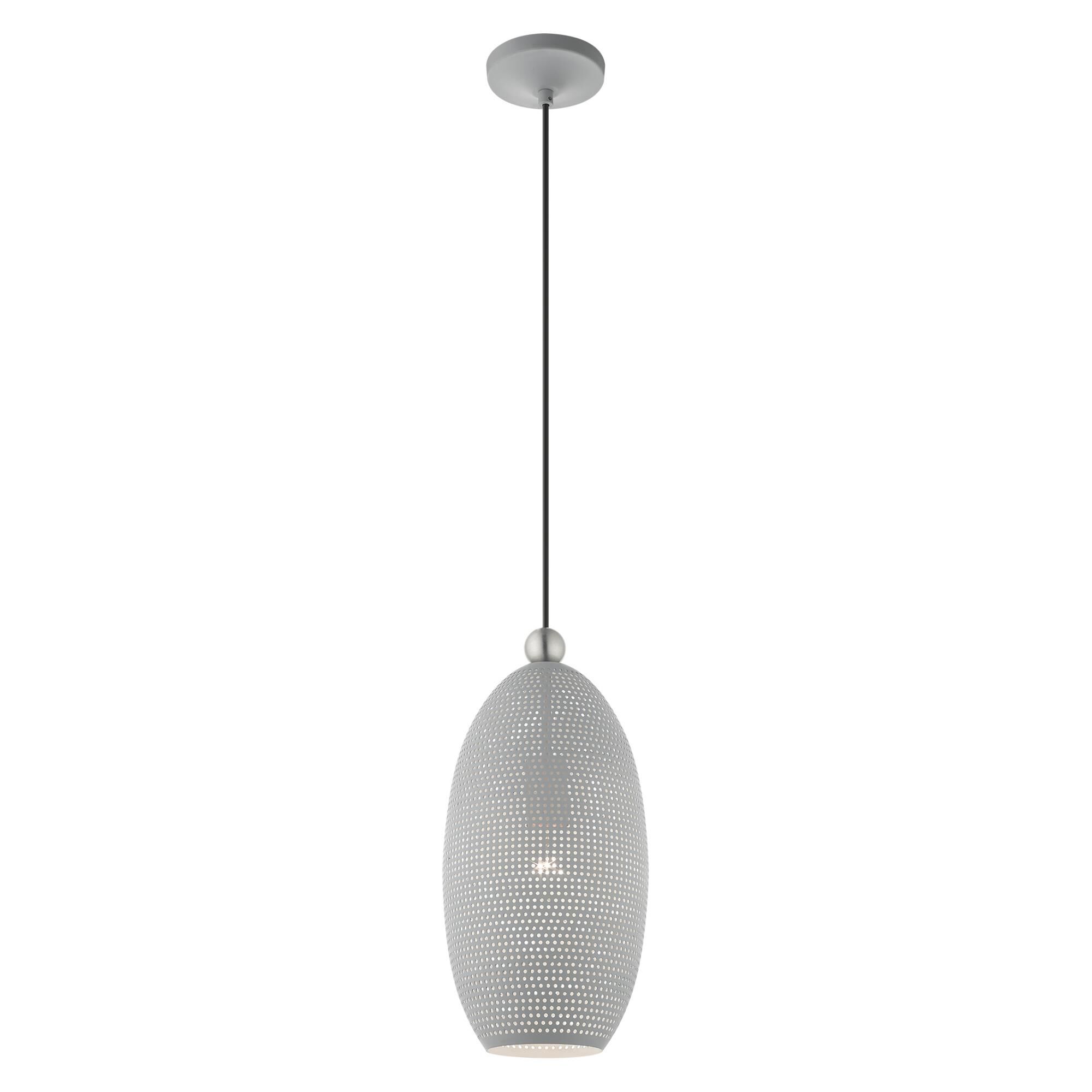 Shown in Nordic Gray With Brushed Nickel Accents finish and Nordic Gray Ornamental Metal Shade With White Finish Inside glass and Nordic Gray Ornamental Metal  With White Finish Inside shade