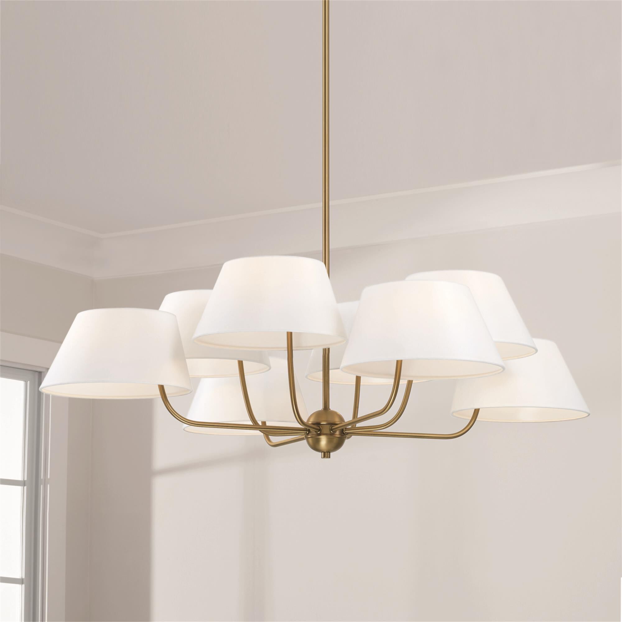 Shown in Aged Brass finish and White Fabric shade