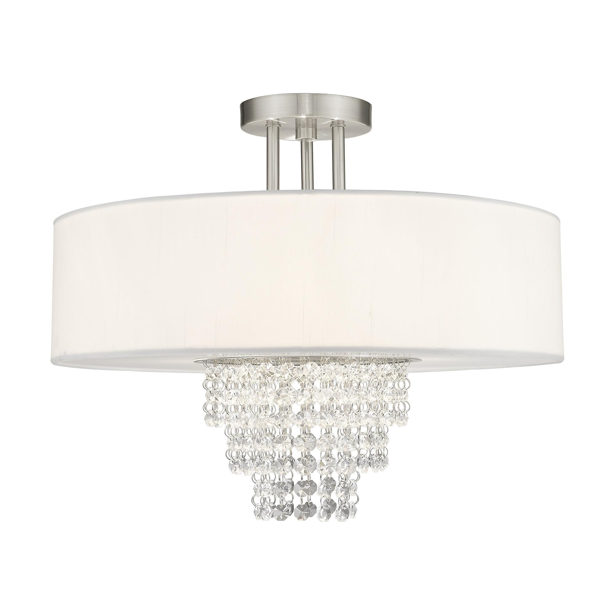 Shown in Brushed Nickel finish and Clear crystal and Off-White Sheer Organza shade