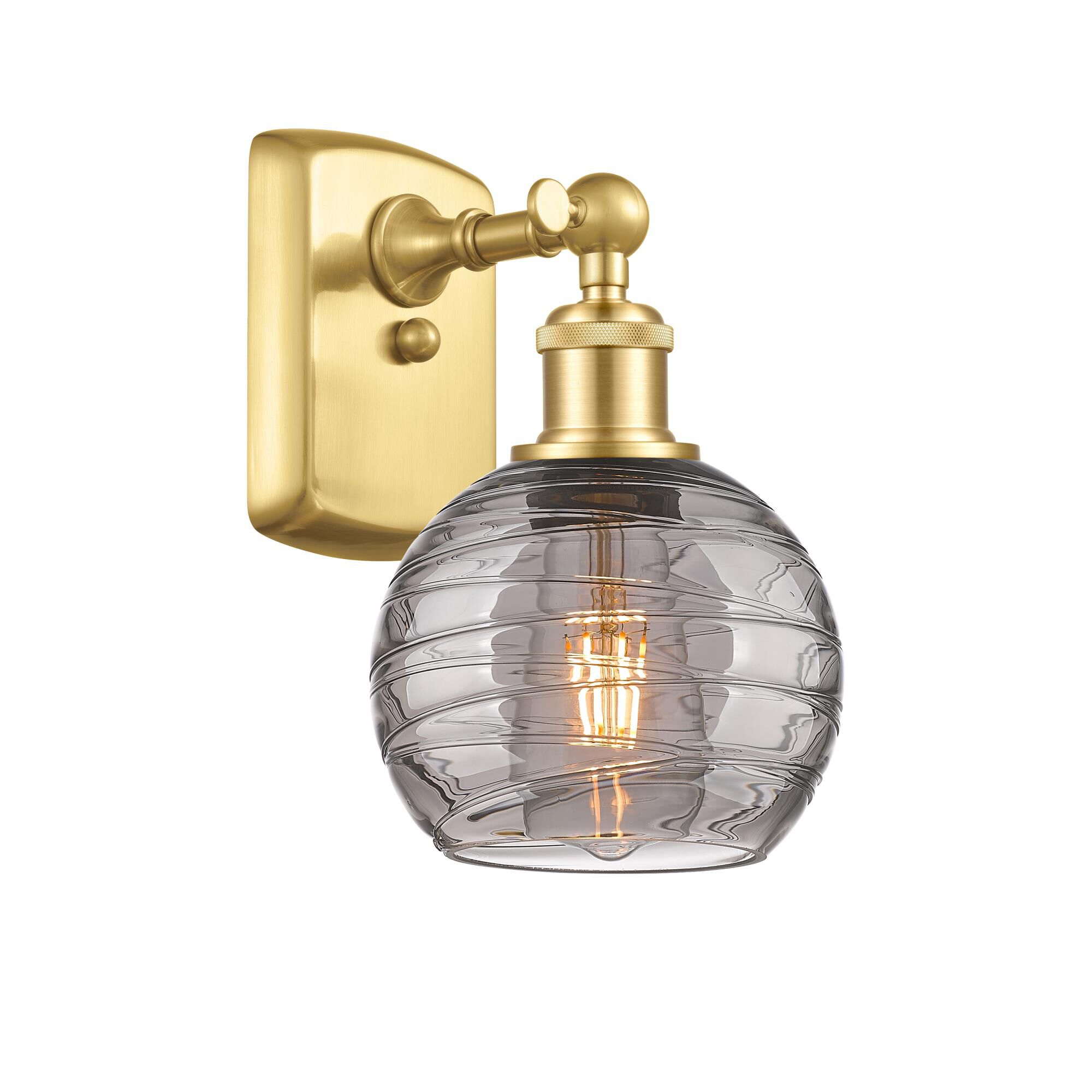 Shown in Satin Gold finish and Light Smoke Deco Swirl glass