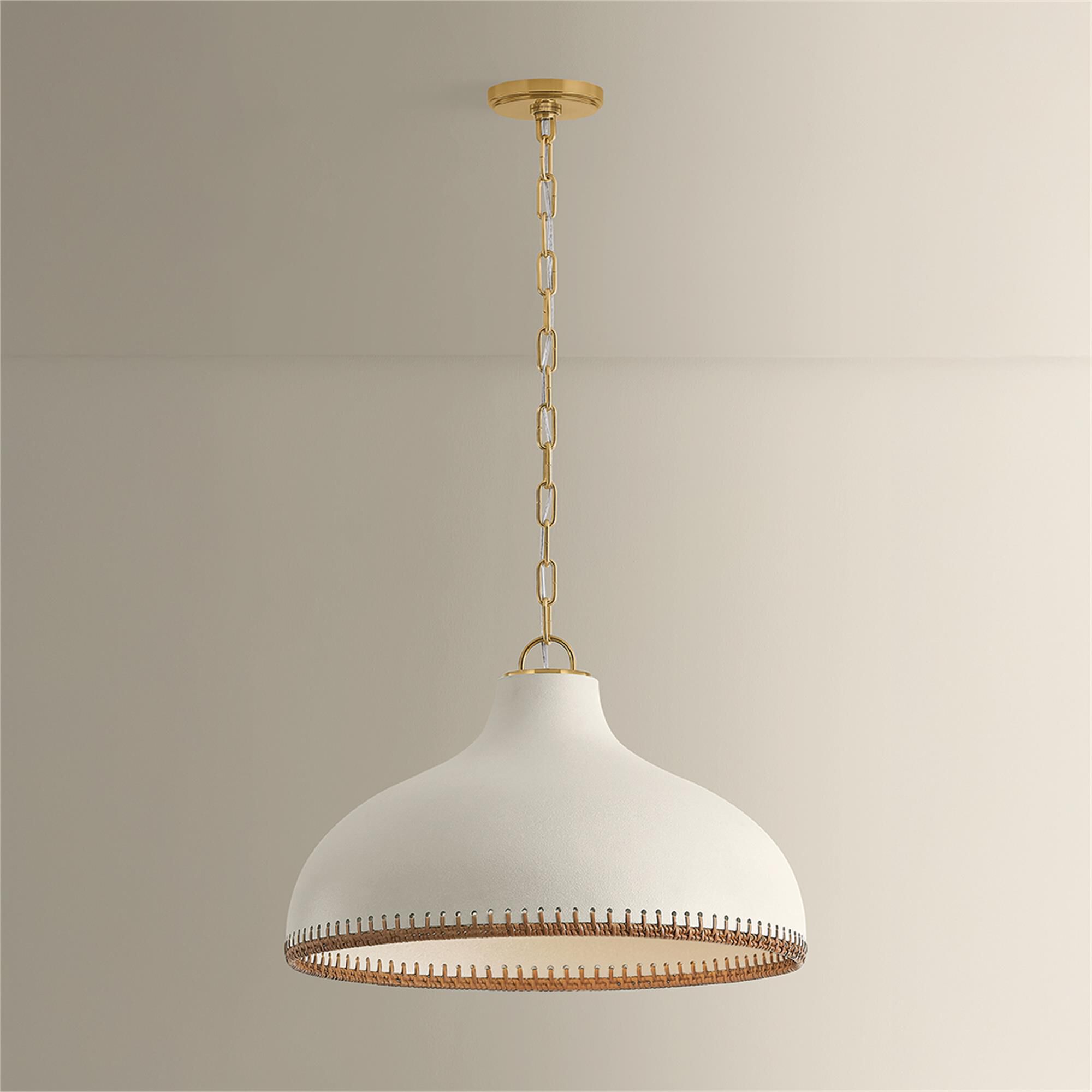 Shown in Aged Brass and Ceramic Cream Pebble finish and Rattan Weave Ceramic shade