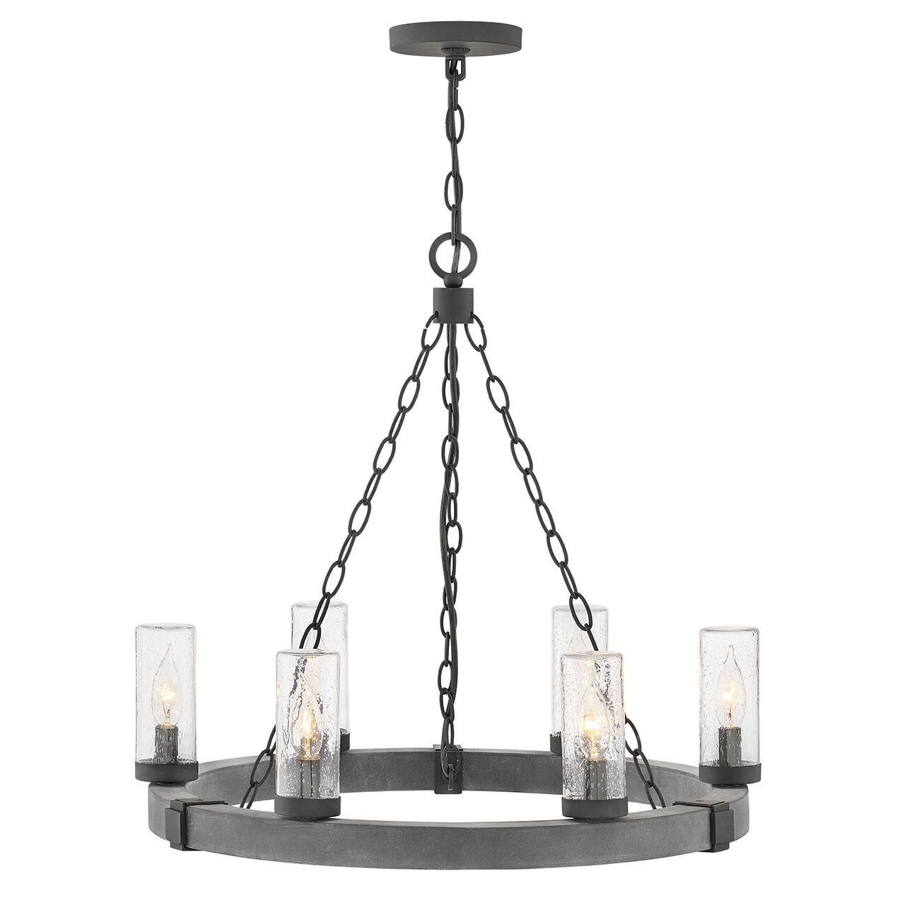 Shown in Aged Zinc finish and Clear Seedy glass and Distressed Black accent