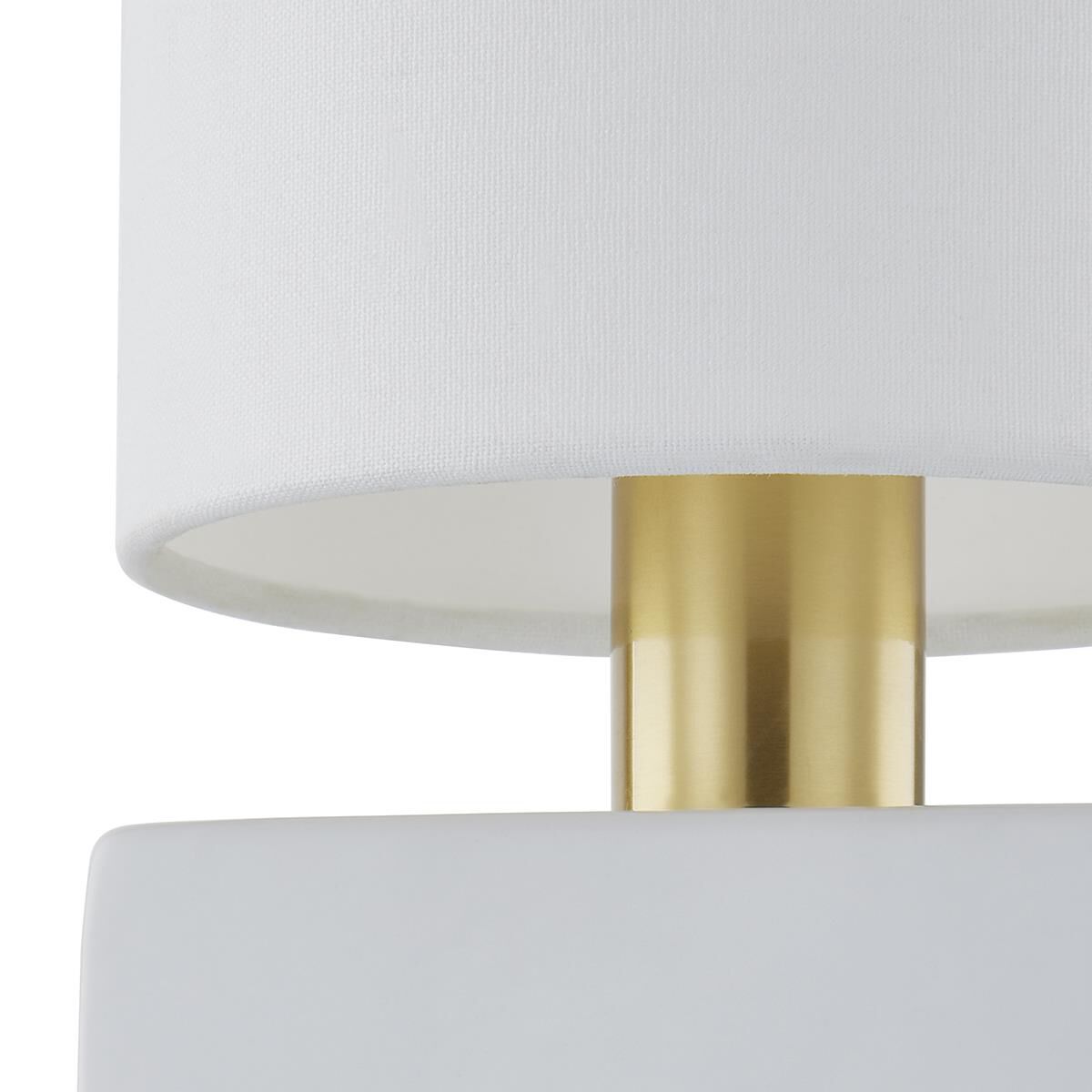 Shown in Aged Brass and White finish and White Linen shade