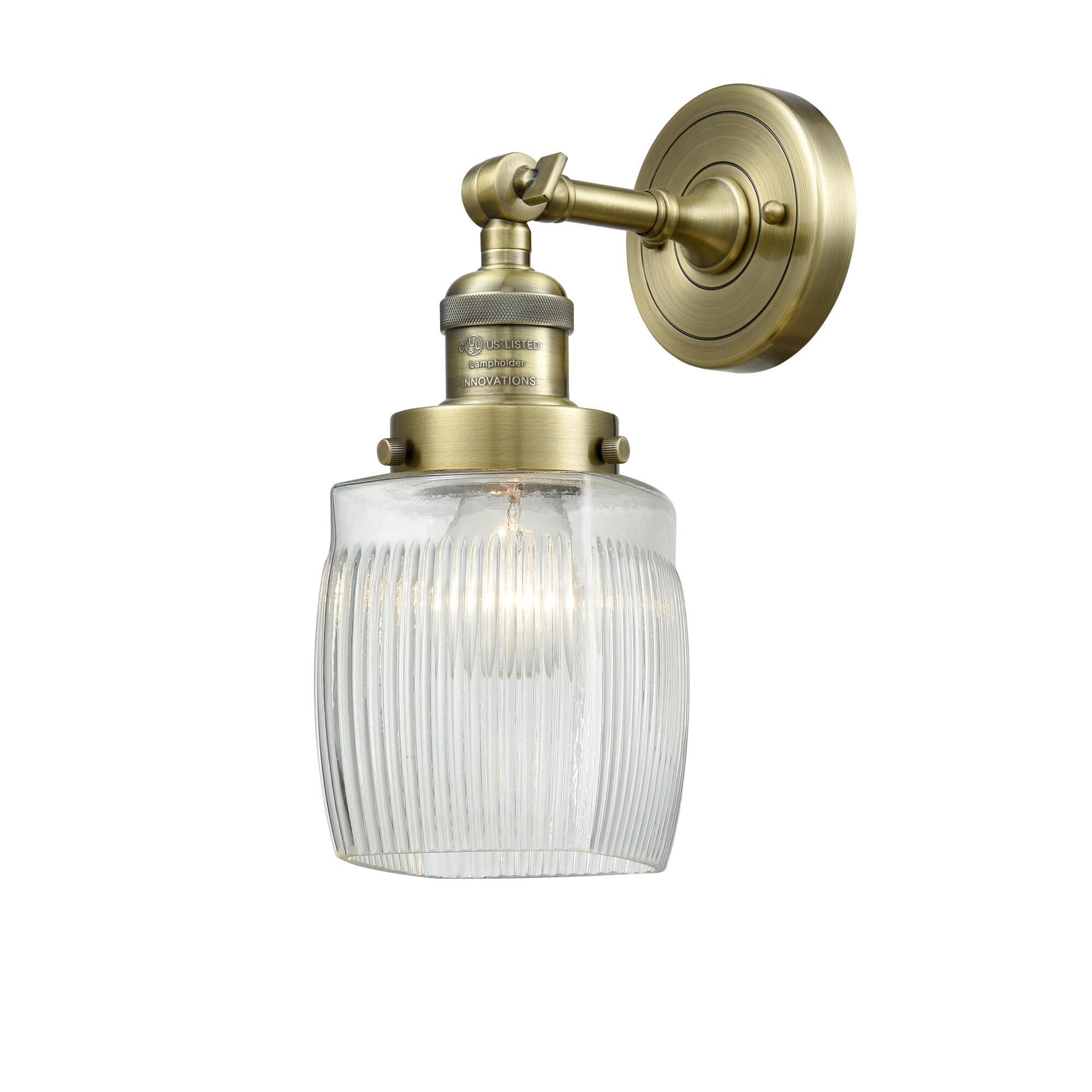 Shown in Antique Brass finish and Thick Clear Halophane glass and No Accent accent
