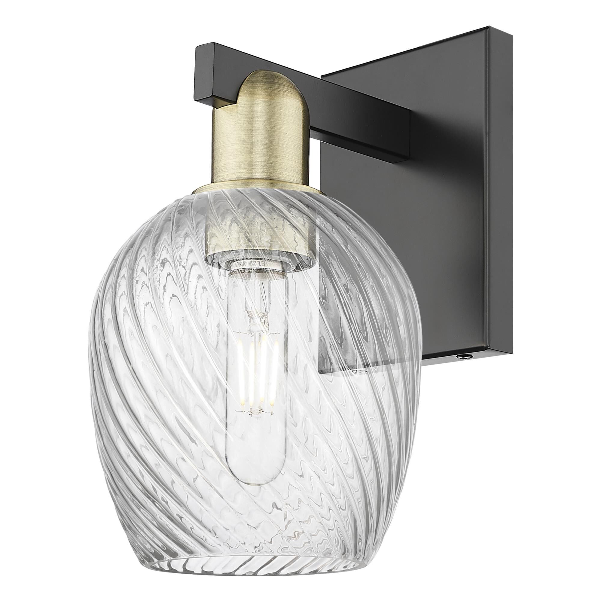 Shown in Black Antique Brass finish and Clear Spiral Fluted glass