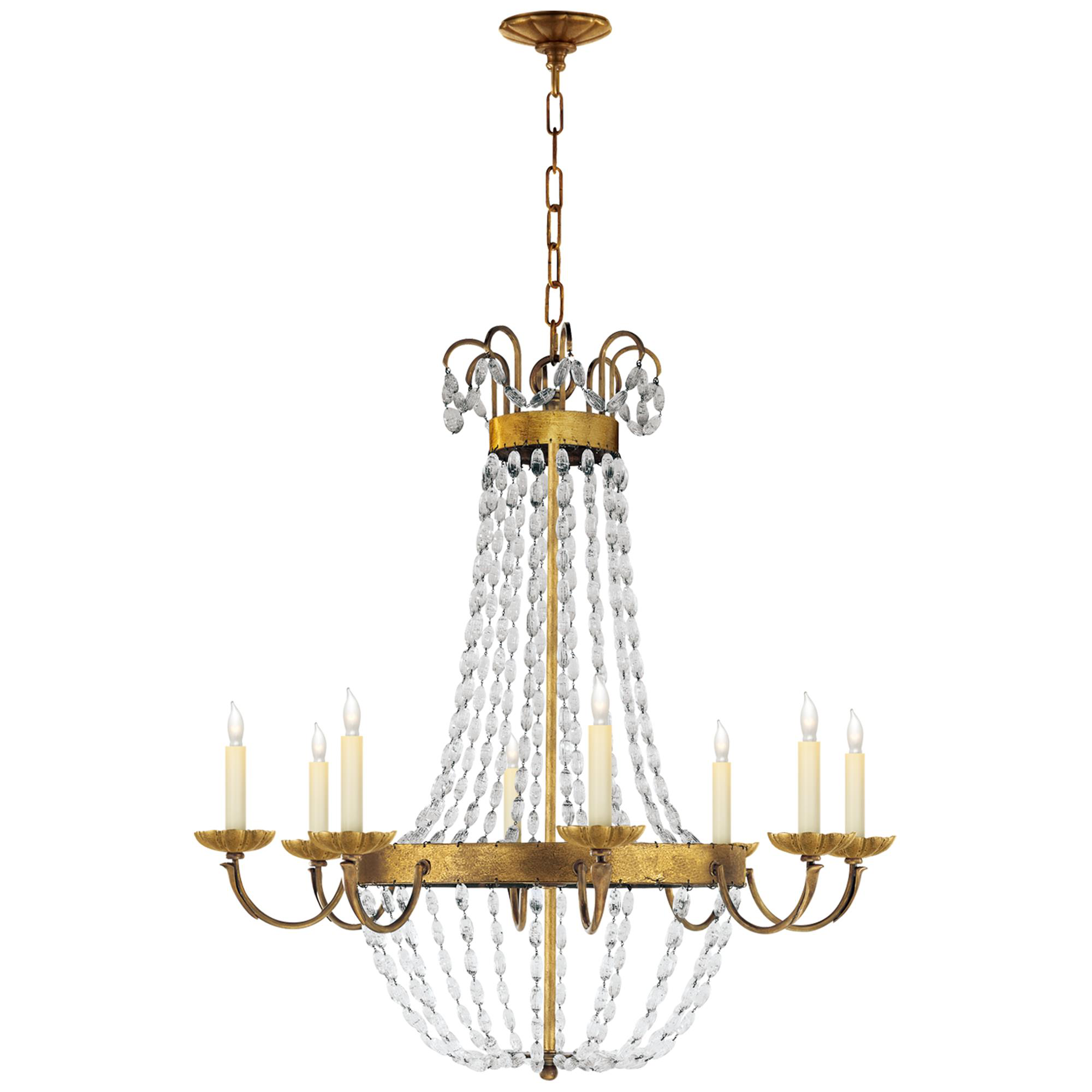 Shown in Gilded Iron finish and Seeded glass
