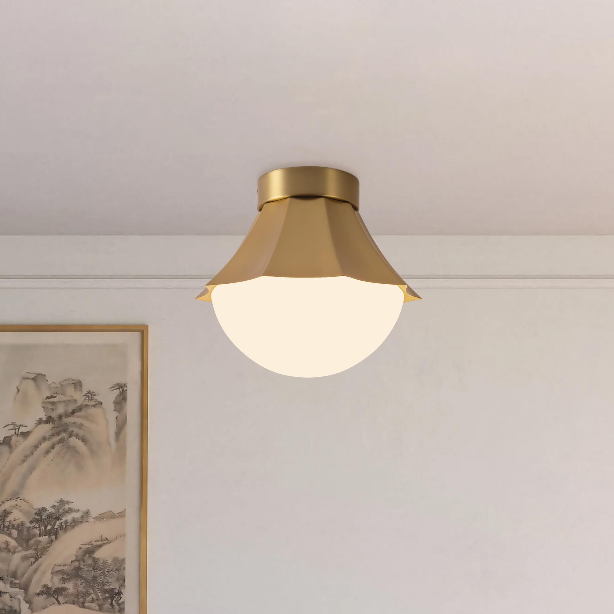 Shown in Brushed Gold finish and Matte Opal glass