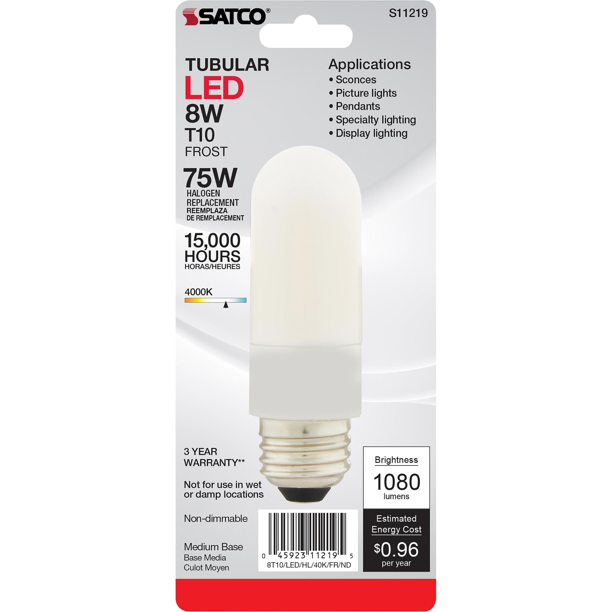 8 Watt 4000K T10 LED Light Bulb by Satco