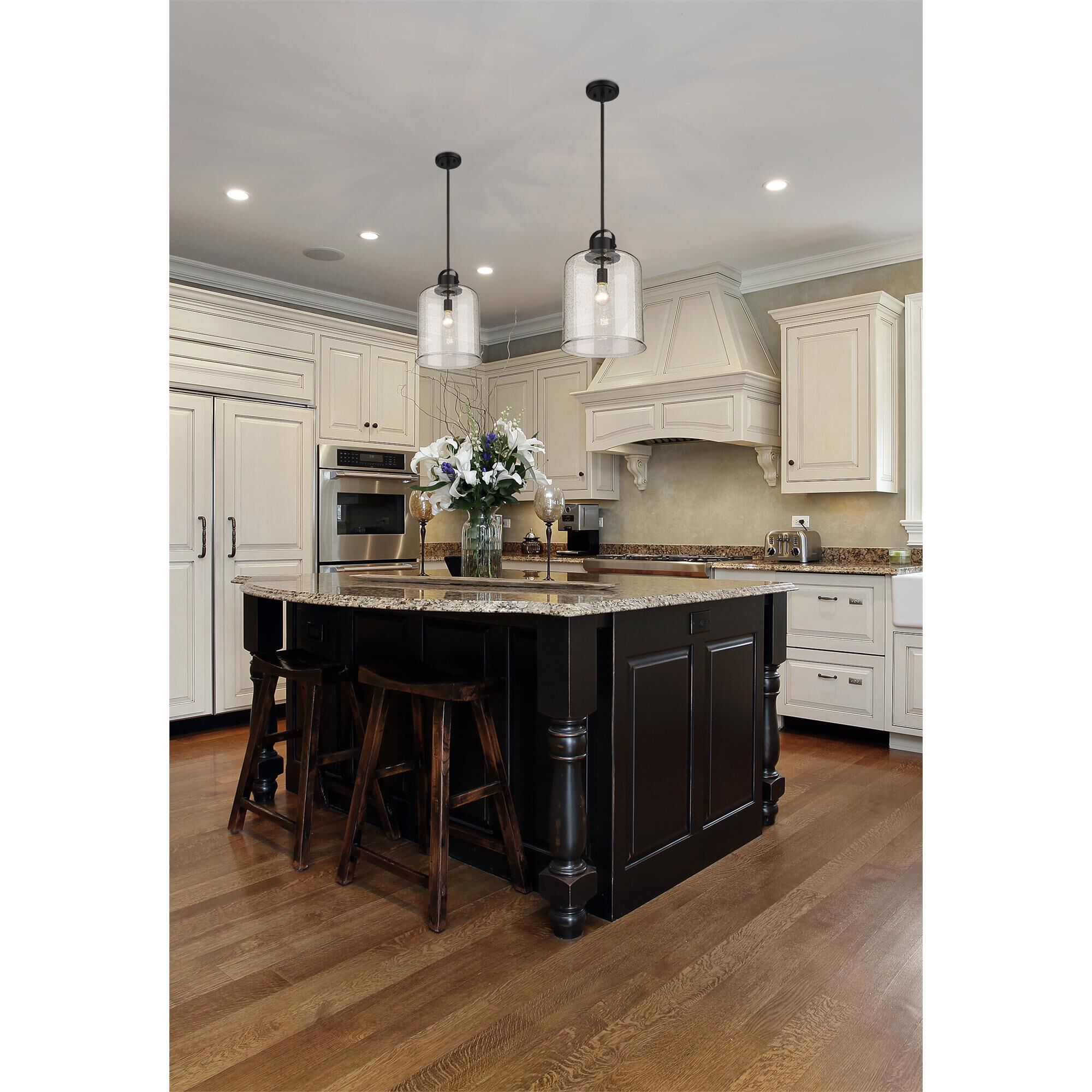 Shown in Matte Black finish and Clear Seeded glass and No Shade shade