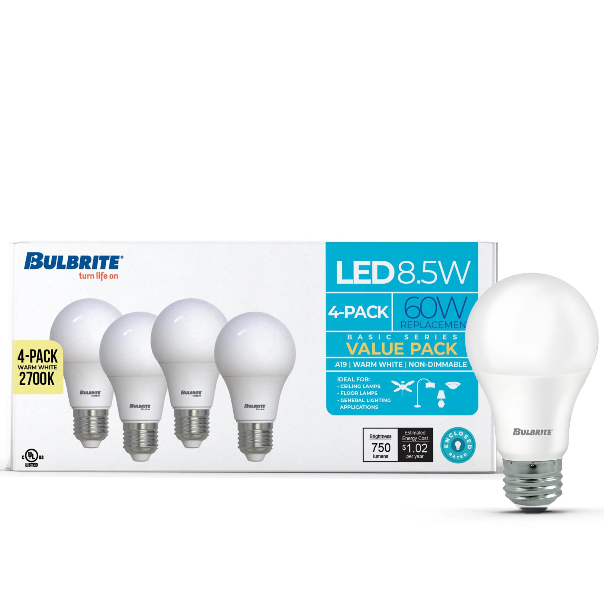 Frost A19 Base E26 2700K LED Light Bulb Pack of 4,