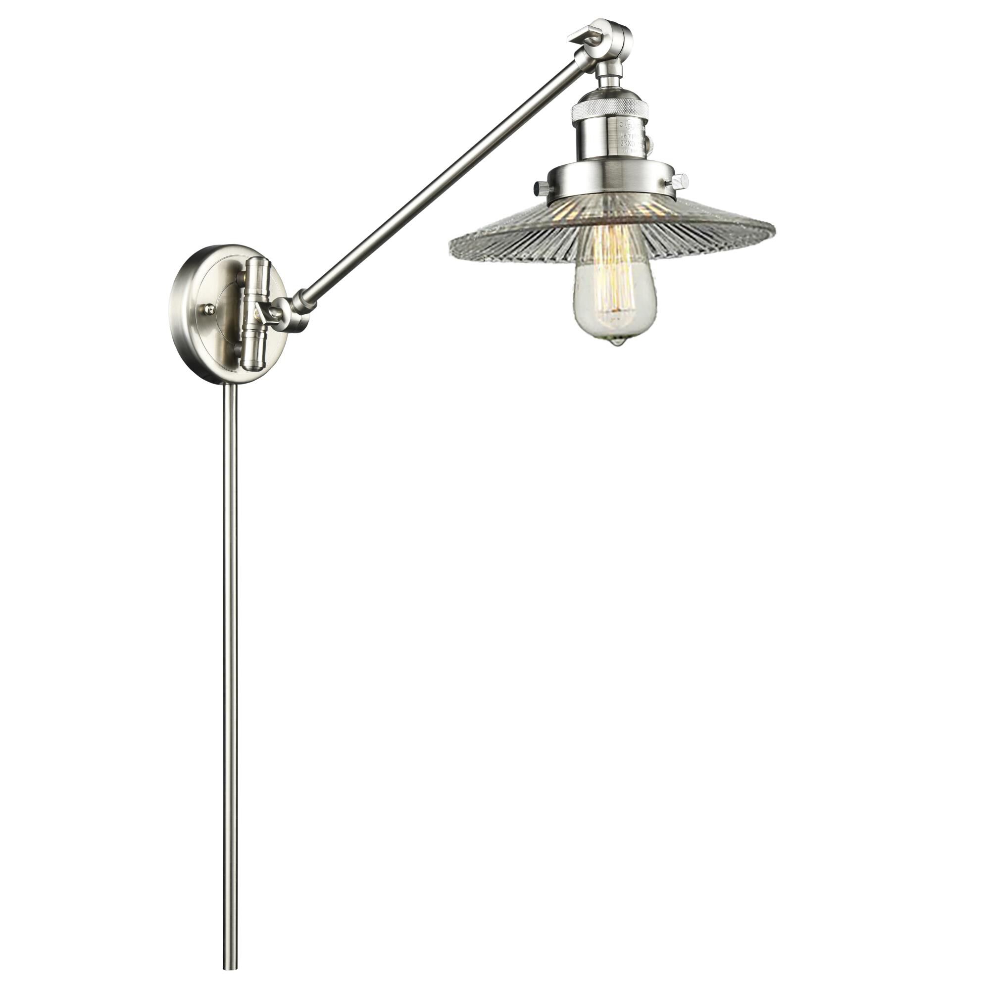 Shown in Brushed Satin Nickel finish and Clear Halophane glass