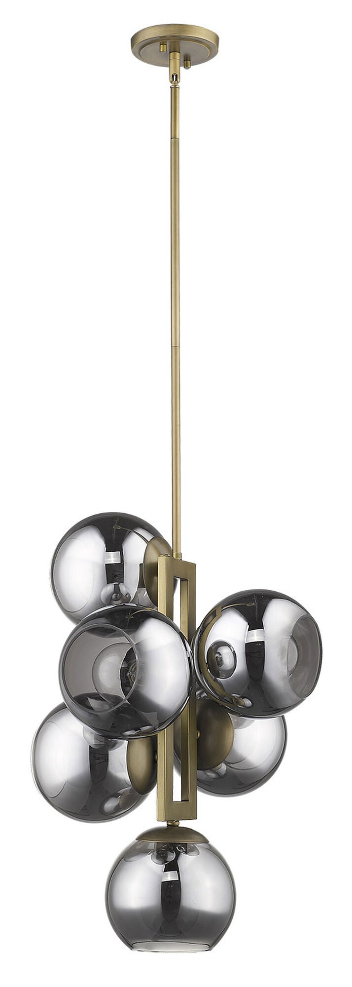 Shown in Aged Brass finish and Smoke glass and Smoke Glass Globes shade