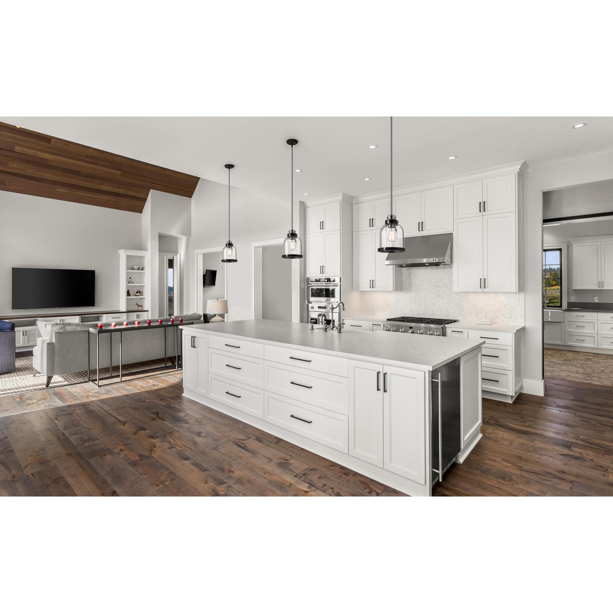 Shown in Matte Black and Chrome finish and Clear Seedy glass and Glass shade