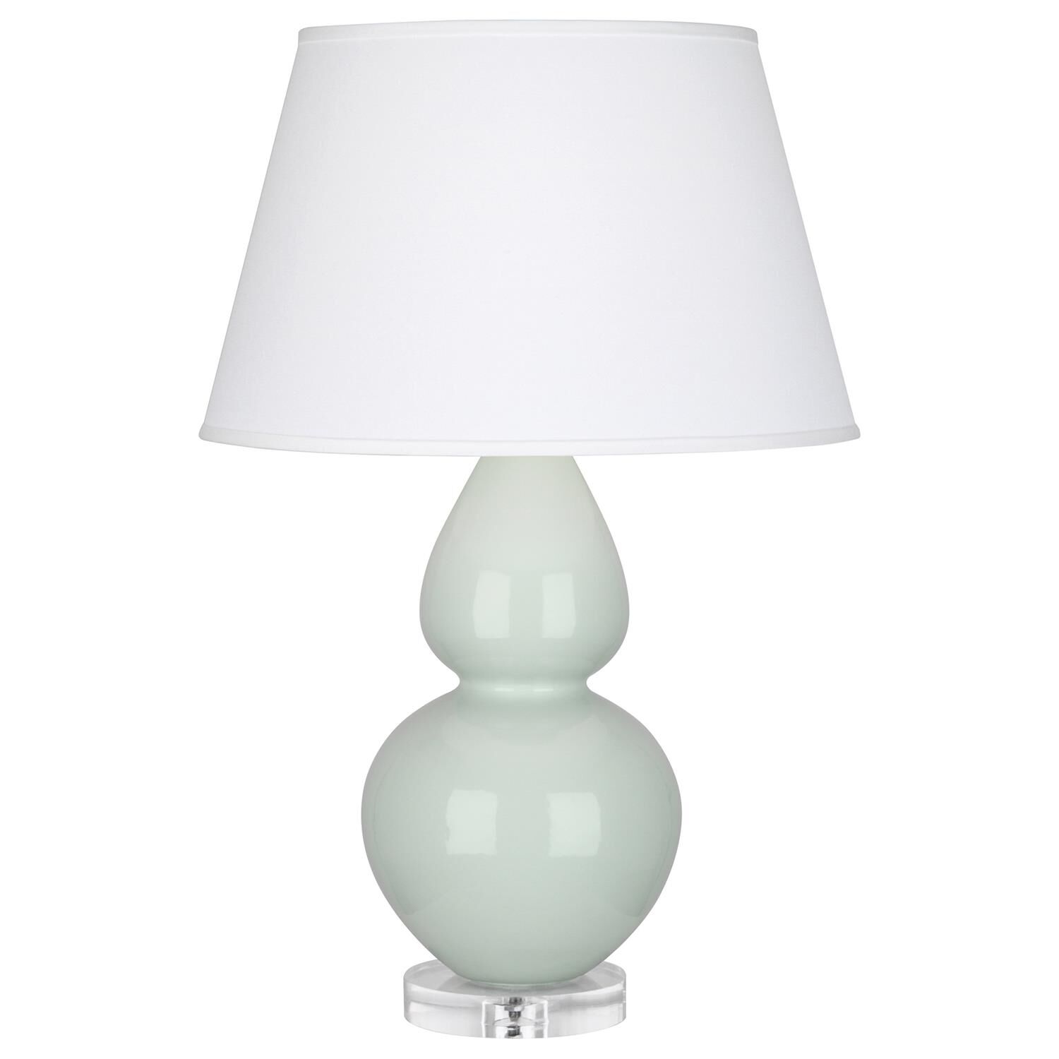 Shown in Celadon Glazed Ceramic With Lucite Base finish and Pearl Dupioni Fabric shade
