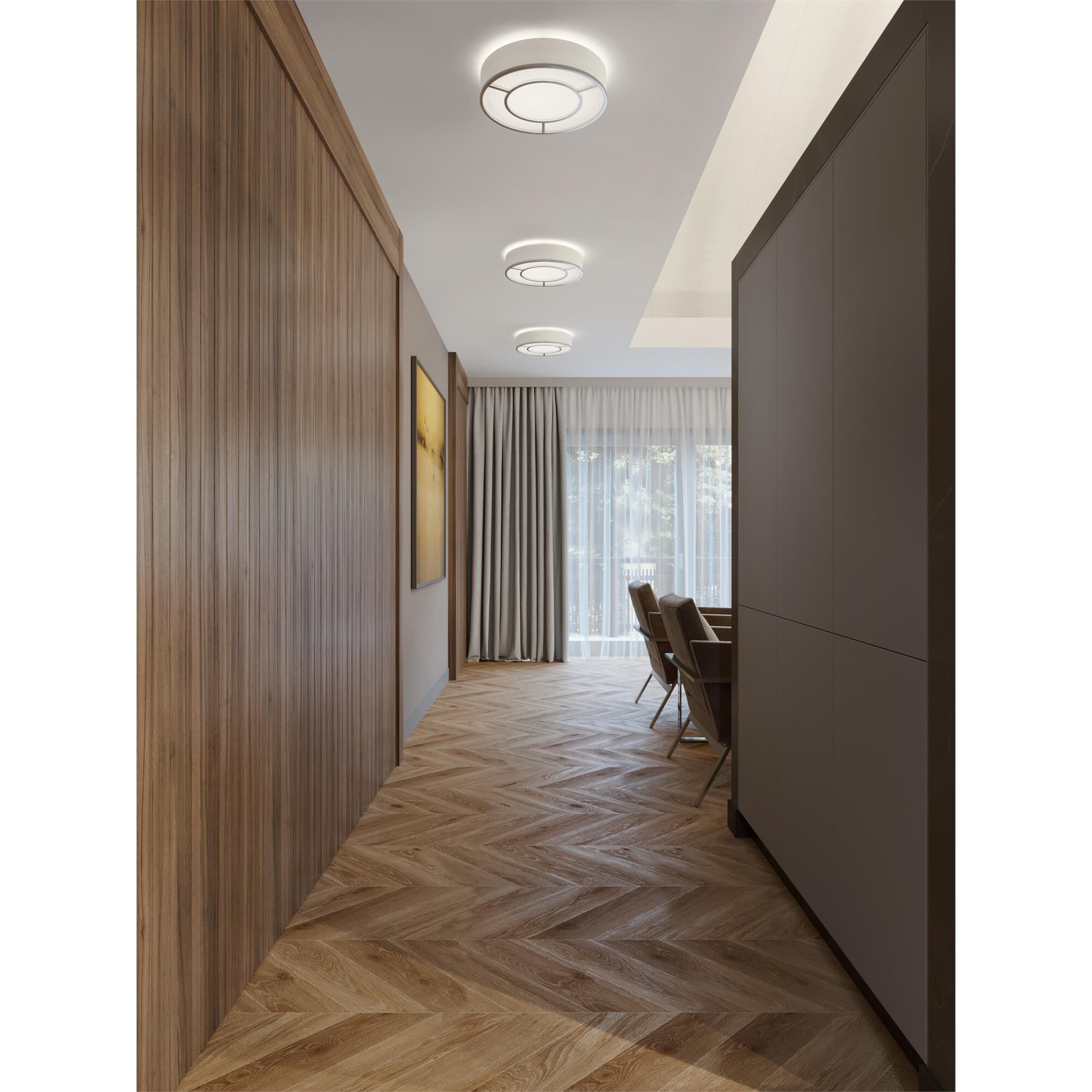 Shown in Satin Nickel finish and White, White Linen, Acrylic shade and No Accent accent