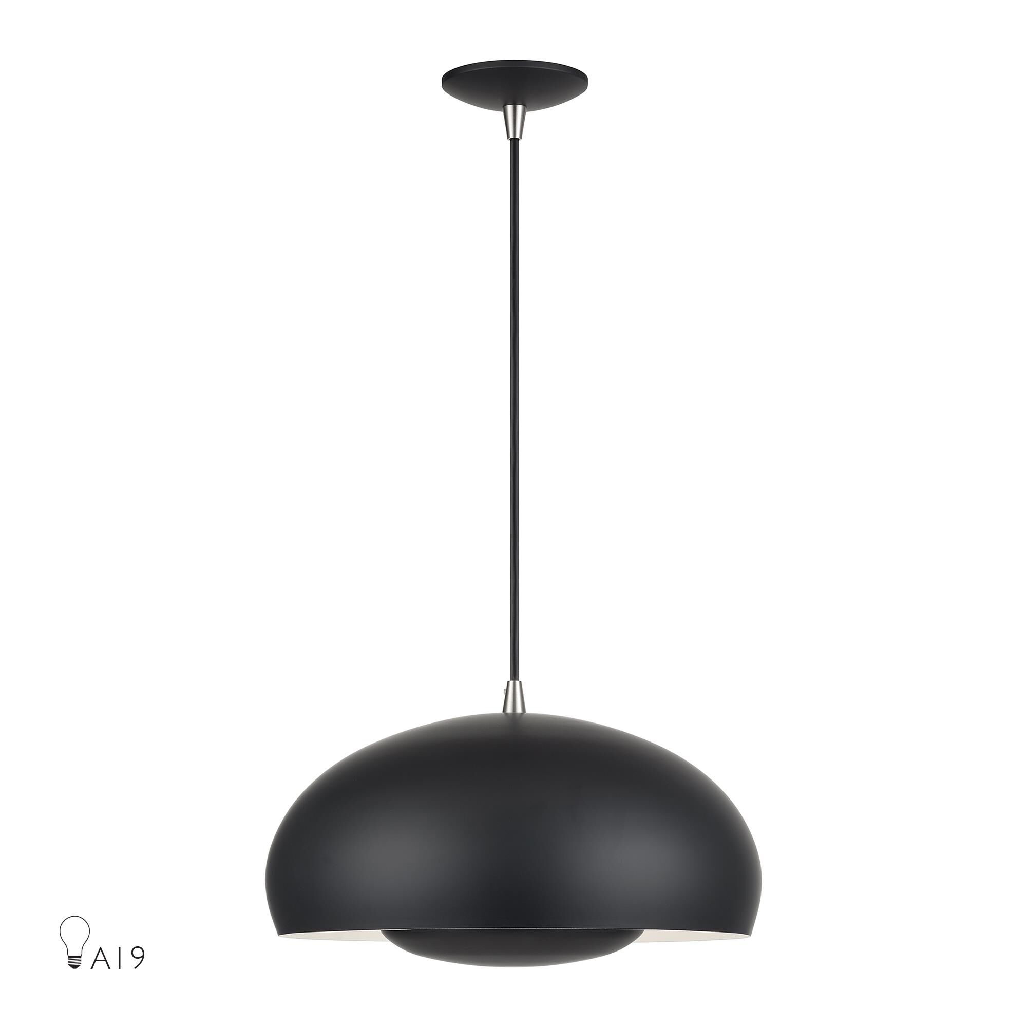 Shown in Black with Brushed Nickel Accents finish and Black Steel with Shiny White Inside shade