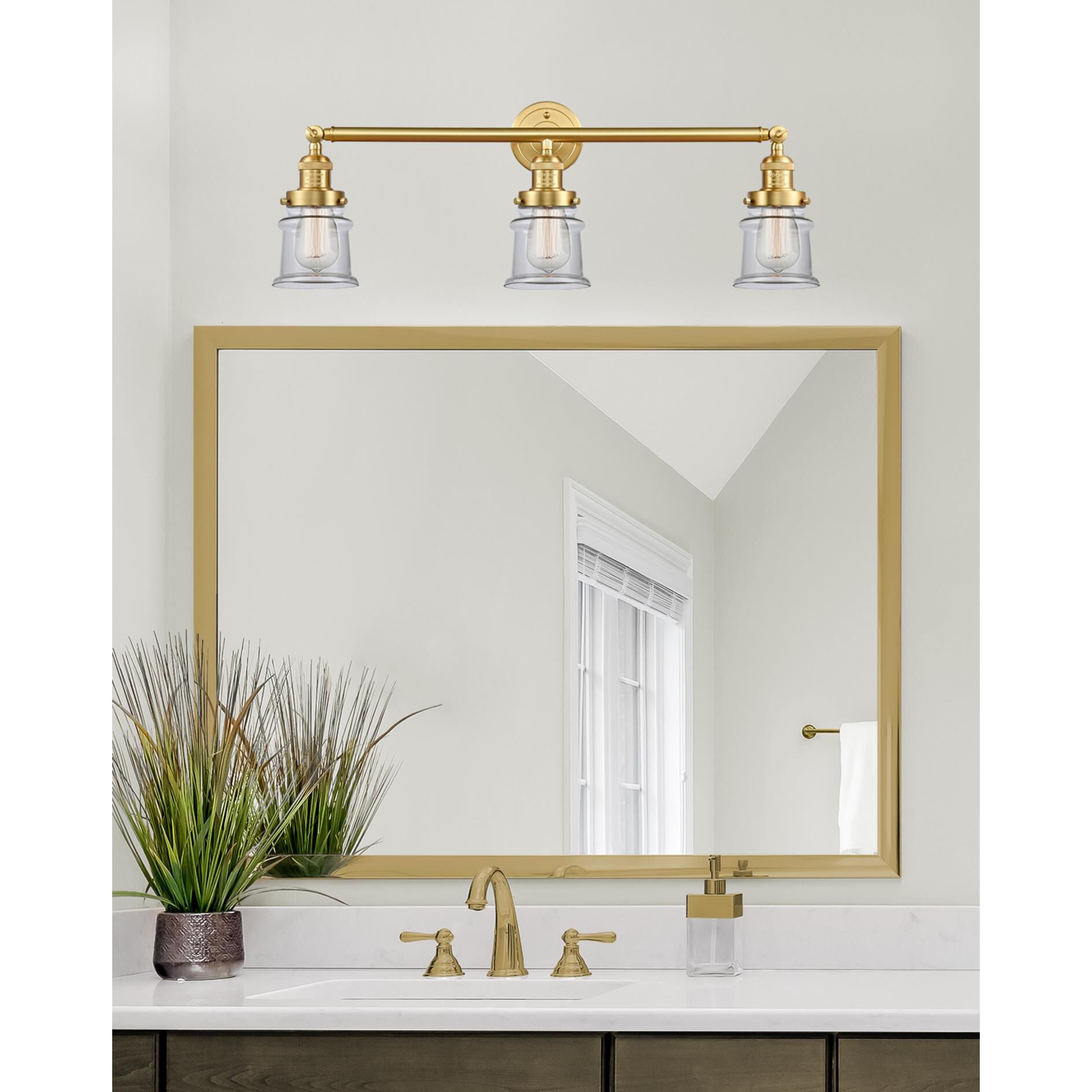 Shown in Satin Gold finish and Clear Canton glass