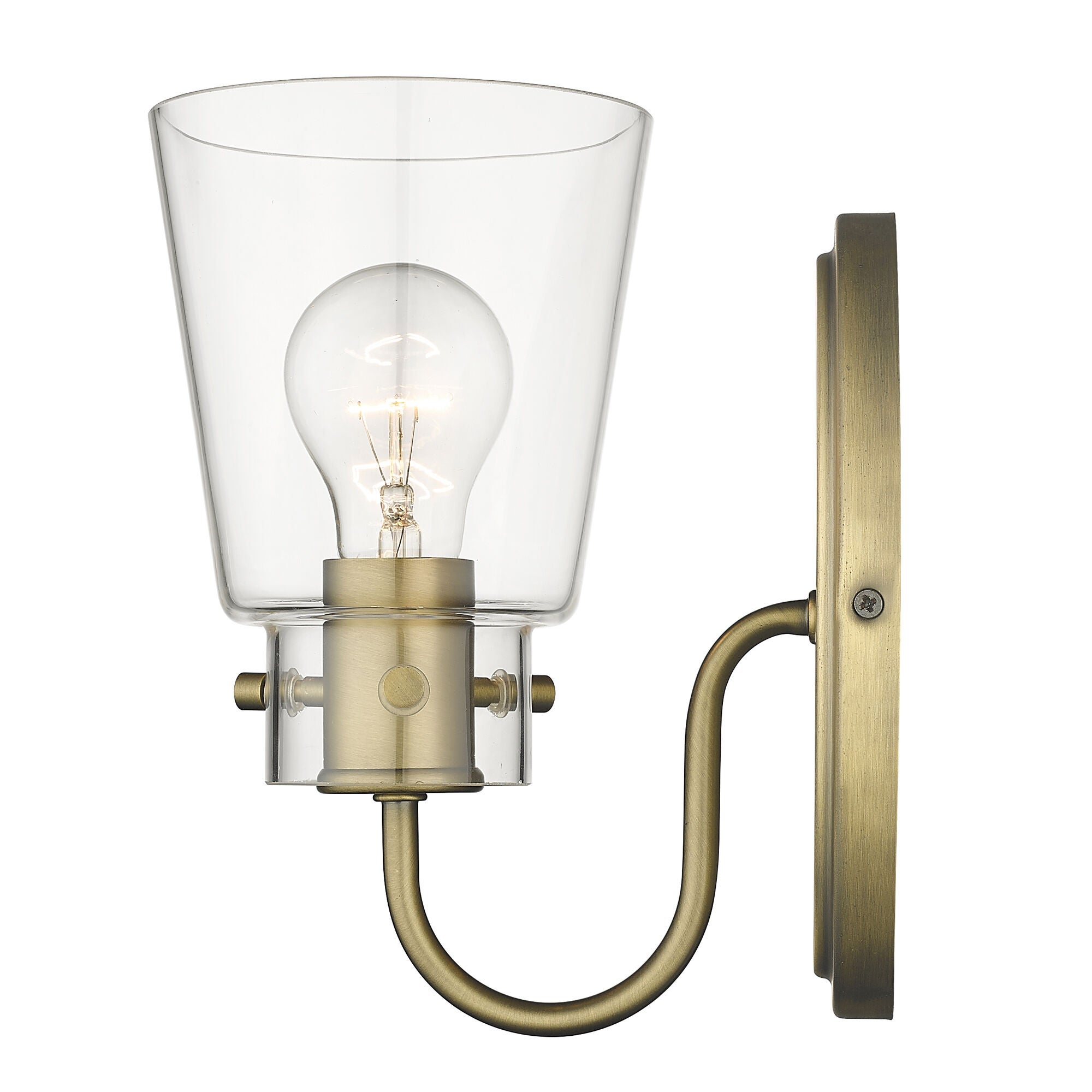 Shown in Antique Brass finish and Clear Glass shade