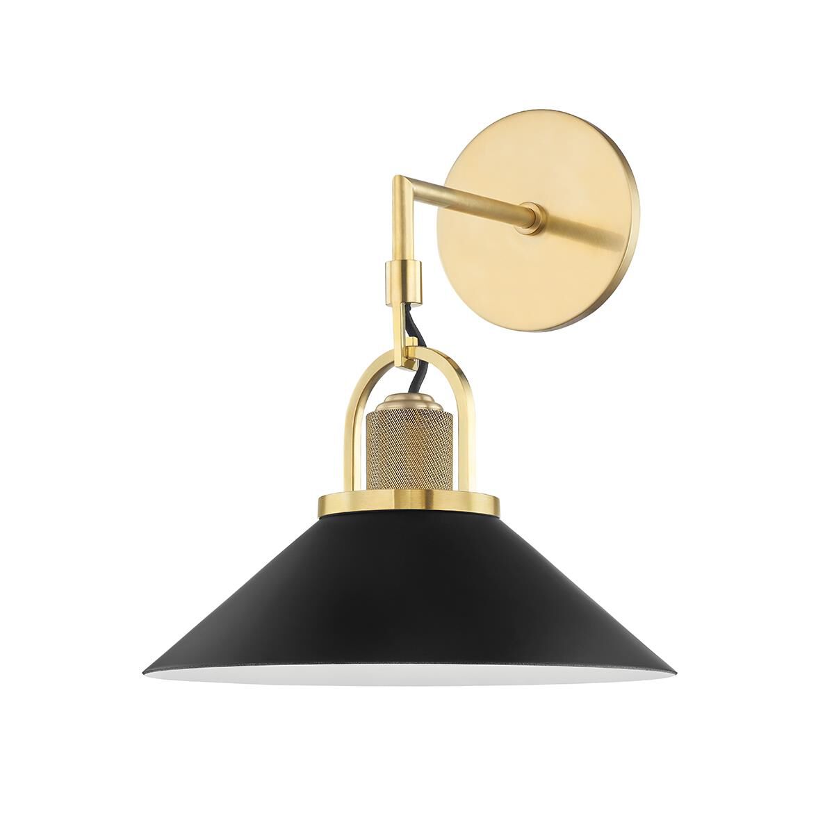 Shown in Aged Brass finish and Black Aluminum shade