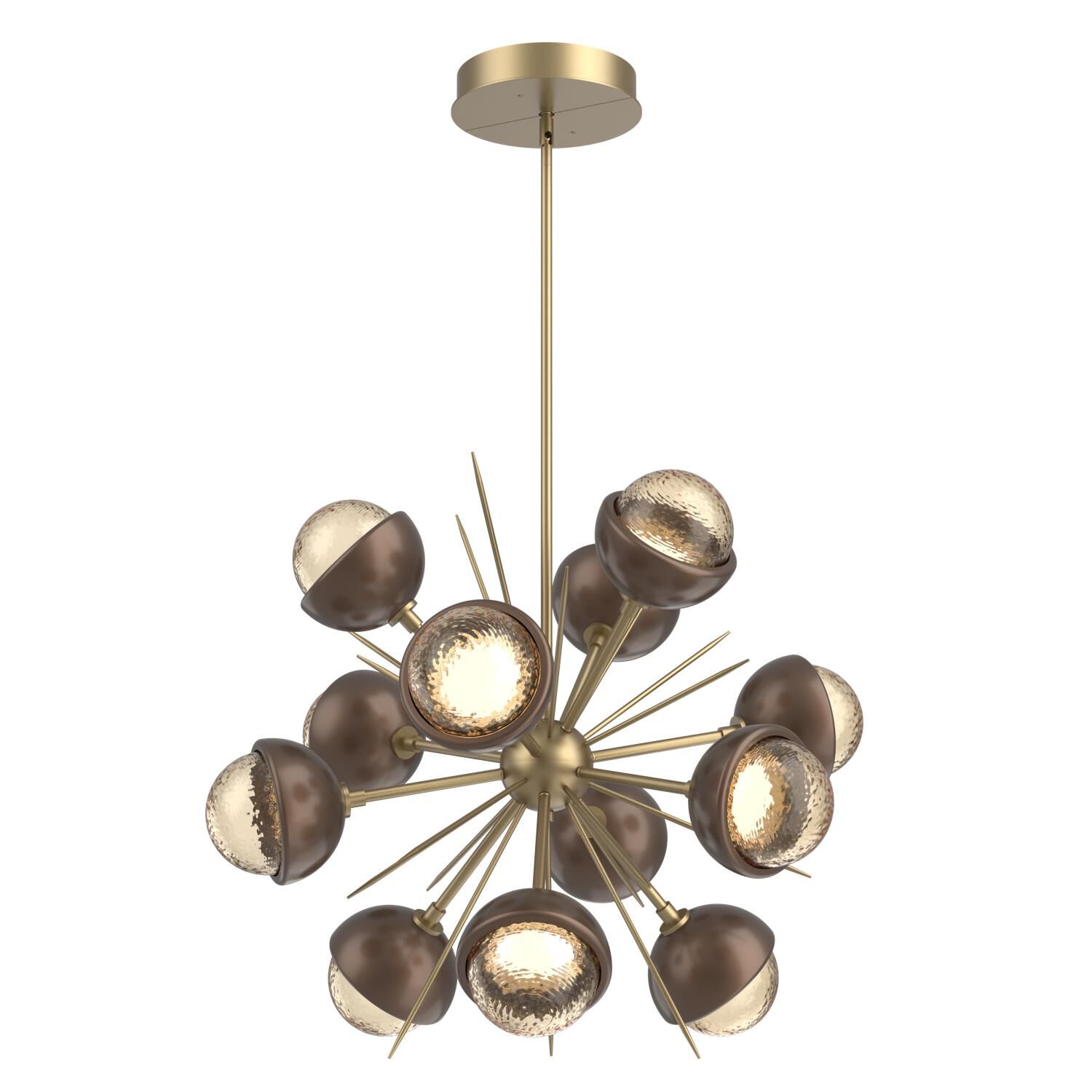 Shown in Gilded Brass finish and Amber glass and Burnished Bronze accent