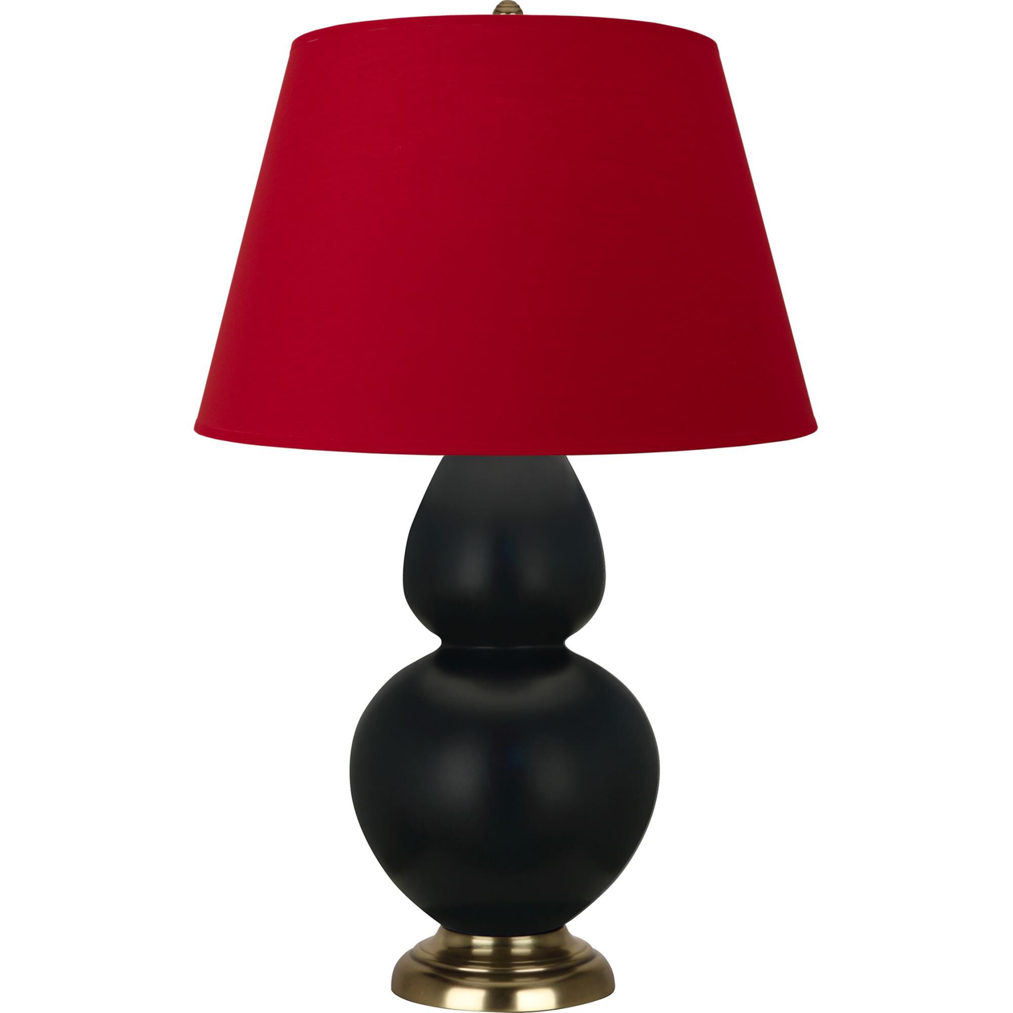 Shown in Matte Obsidian finish and Black and Red shade and Antique Natural Brass accent
