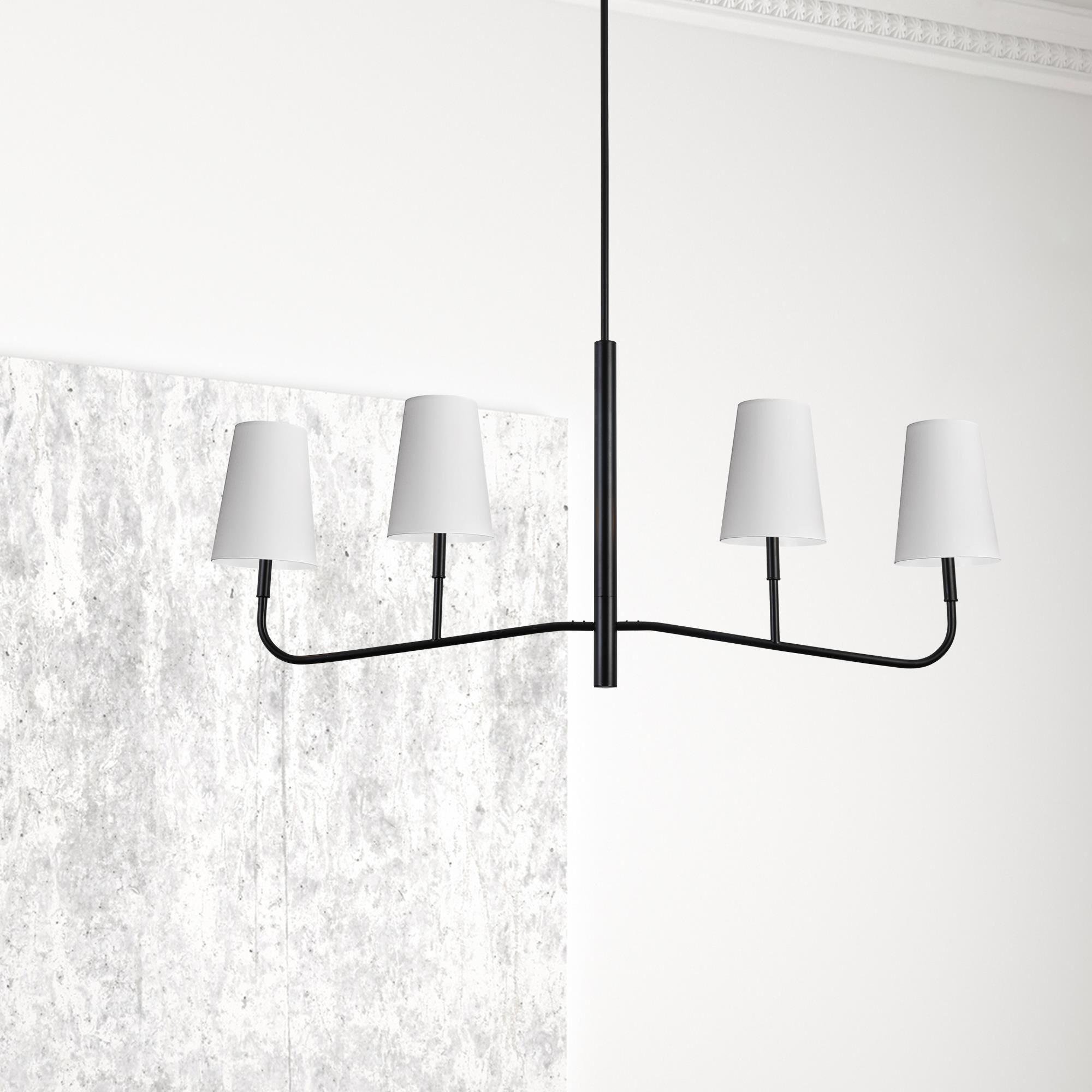 Shown in Matte Black and White finish and White Fabric Tapered Drum shade