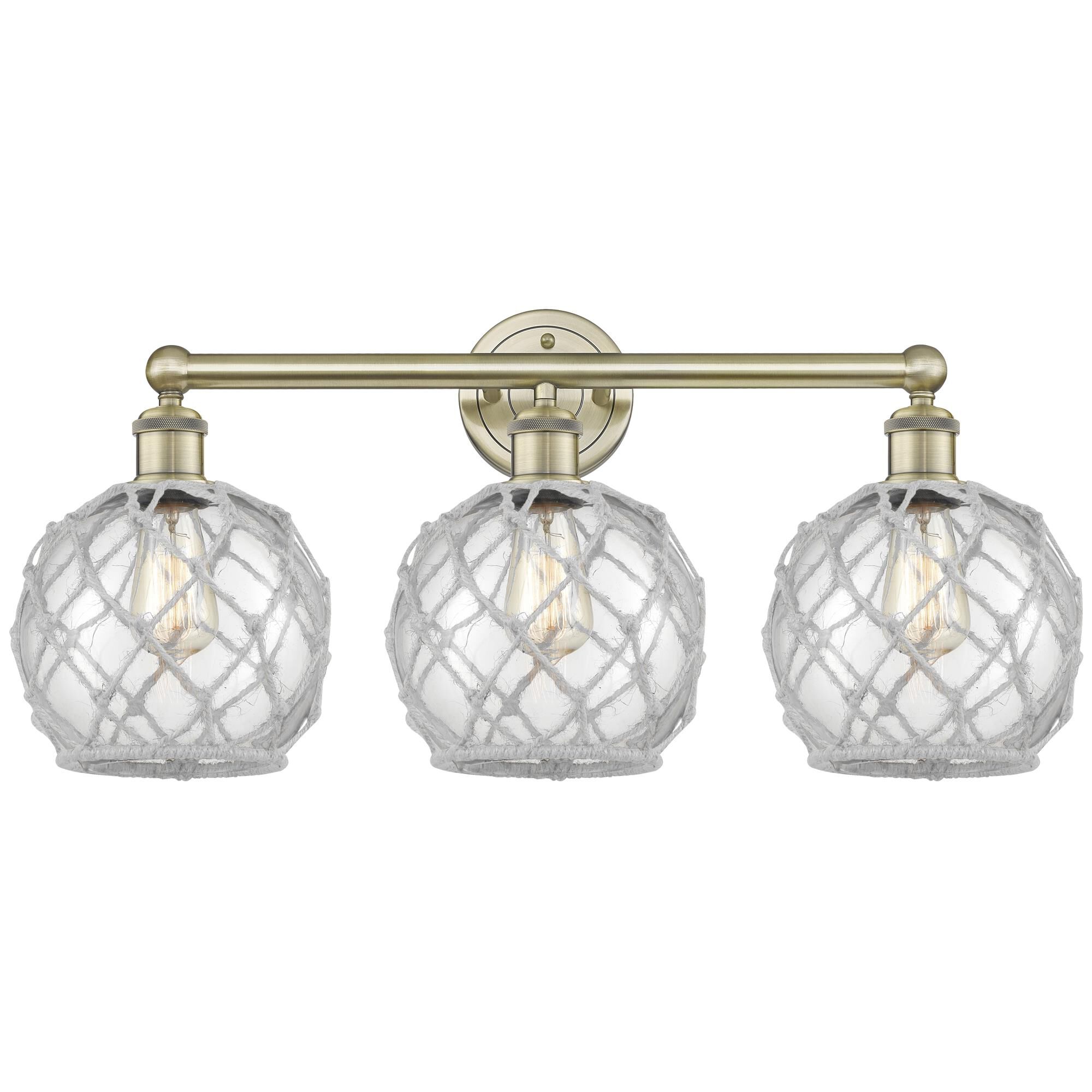 Shown in Antique Brass finish and Clear with White Rope glass