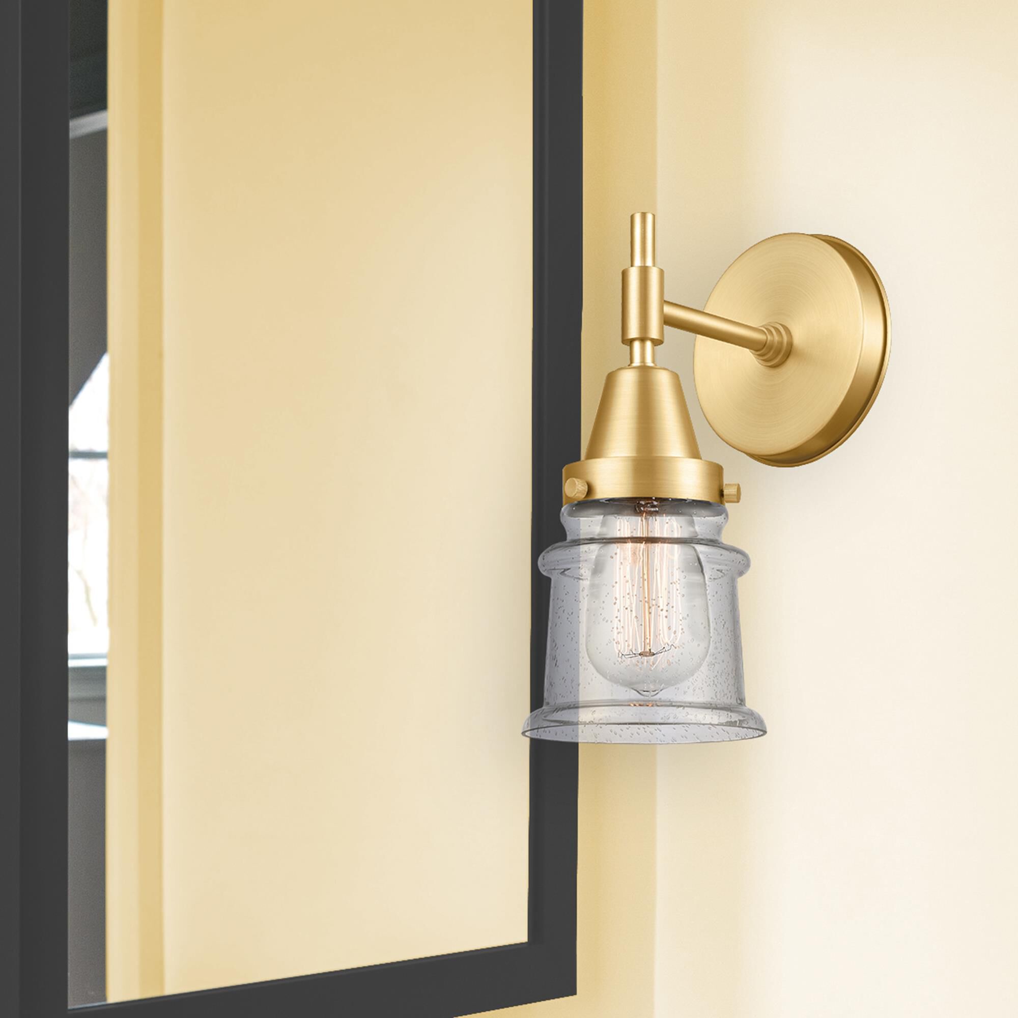 Shown in Satin Gold finish and Seedy glass