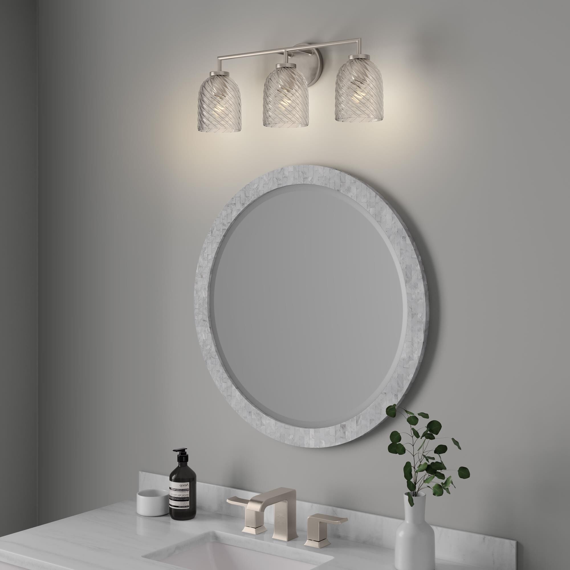 Shown in Brushed Nickel finish and Clear Swirl glass