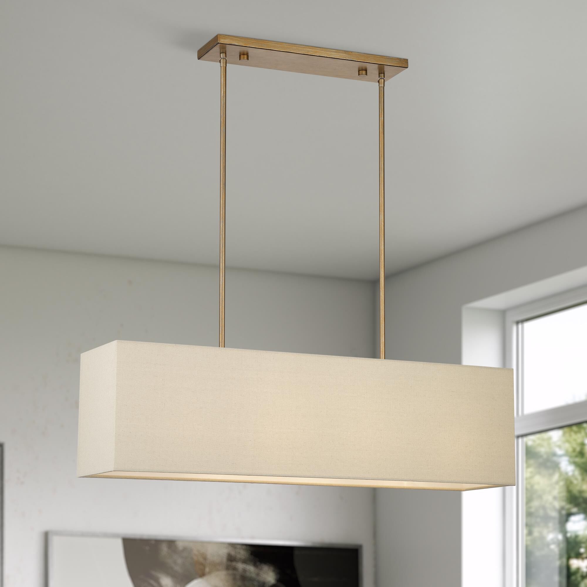 Shown in Antique Gold Leaf finish and Hand Crafted Parchment Color Hardback Fabric with White Color Inside shade