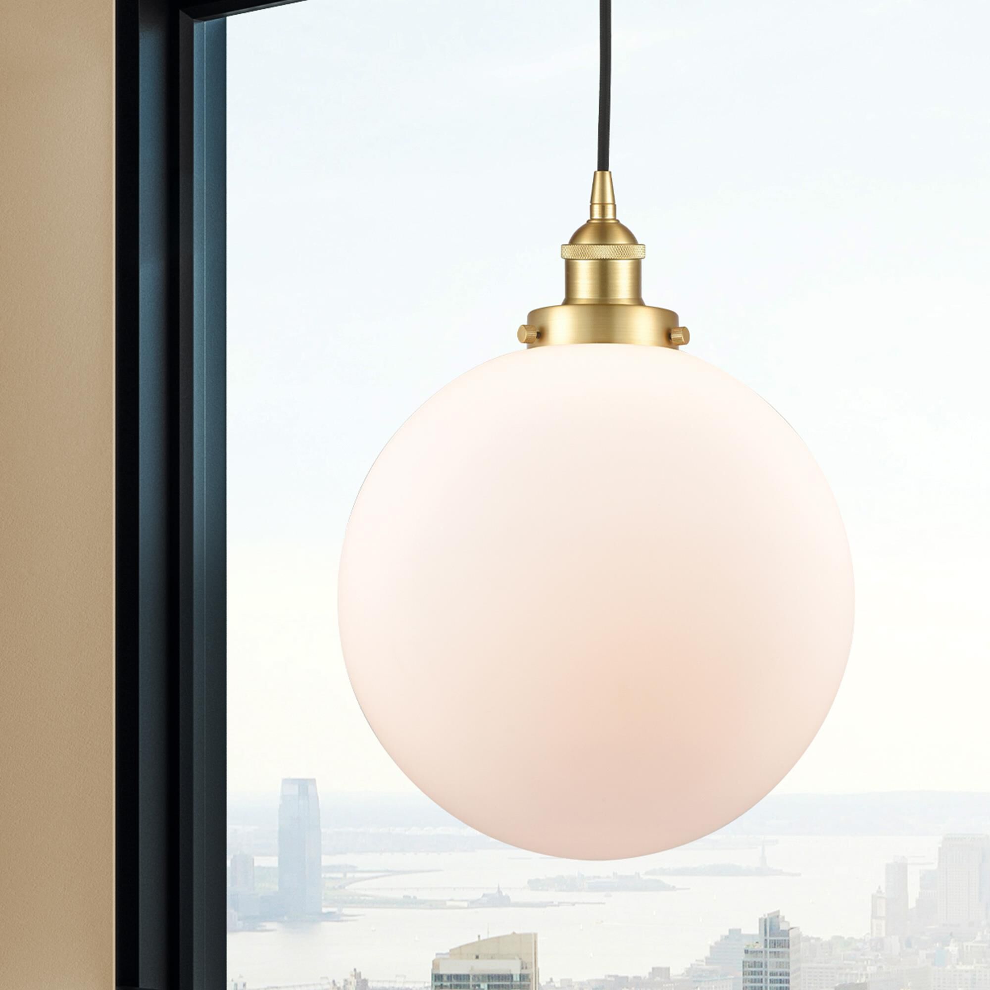 Shown in Satin Gold finish and Matte White Cased Beacon glass