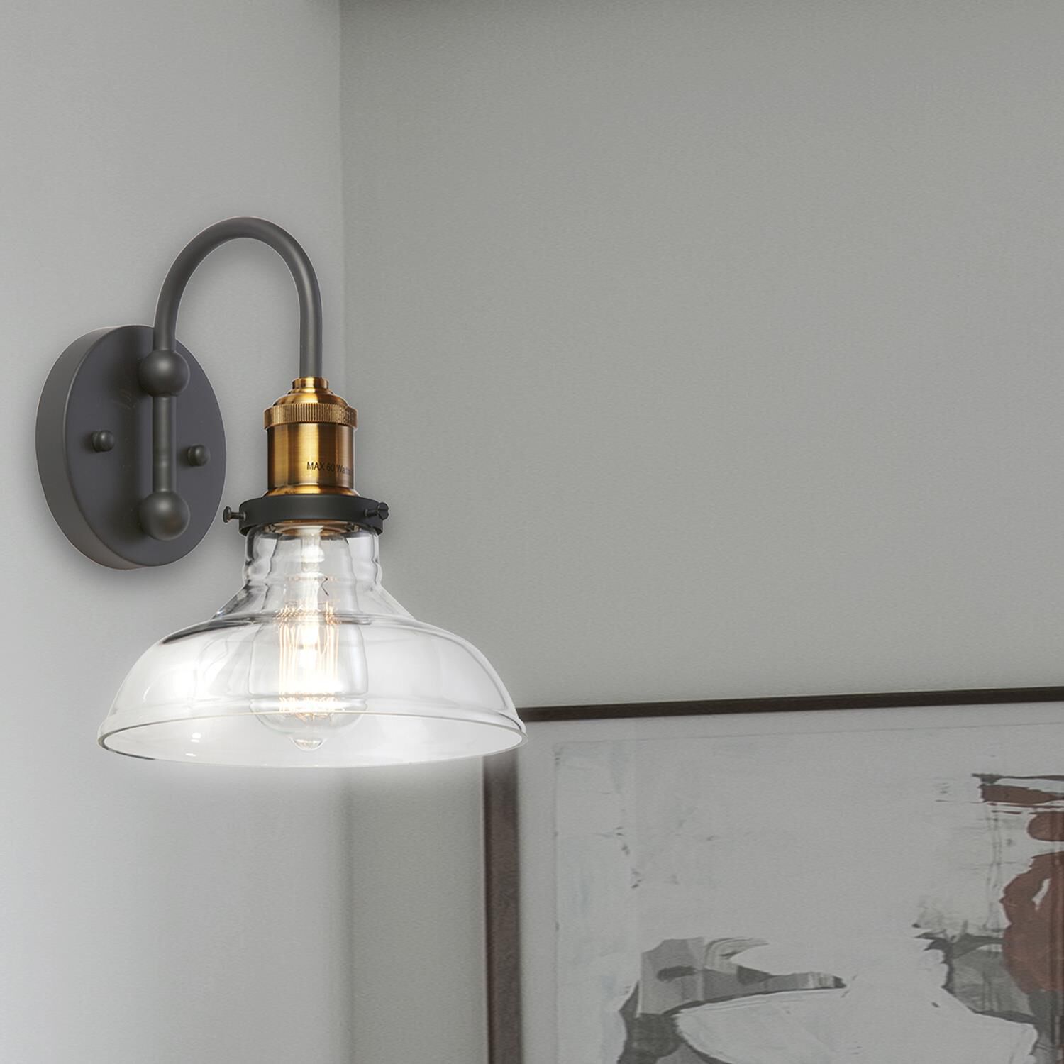 Shown in Antique Brass and Black finish and Clear Bowl glass