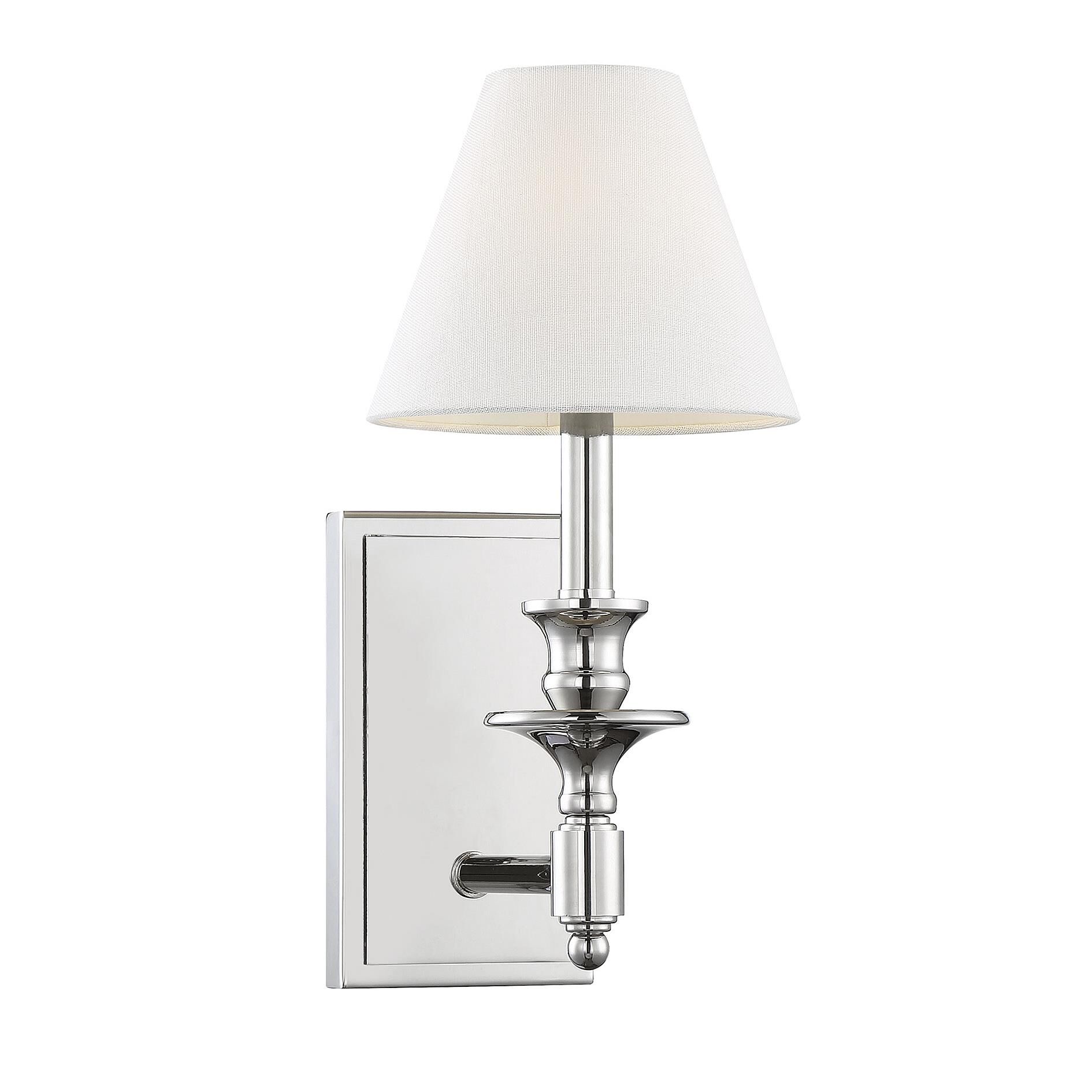 Shown in Polished Nickel finish and White Linen shade