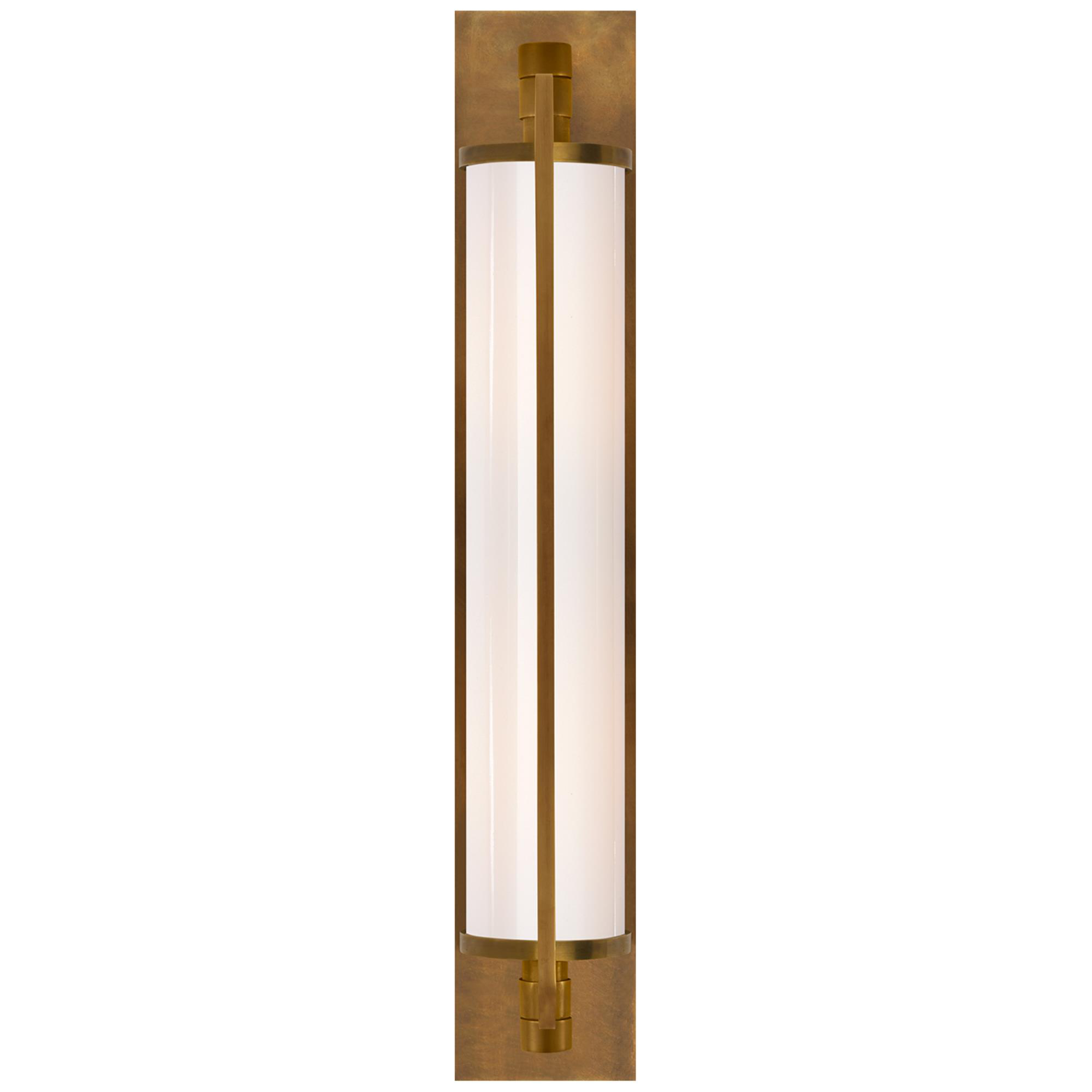 Shown in Hand-Rubbed Antique Brass finish and White glass