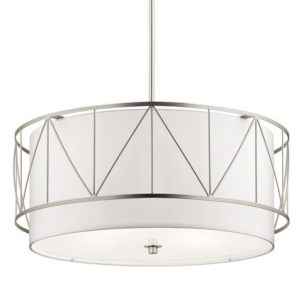 Shown in Satin Nickel finish and Satin Etched glass and White Fabric shade
