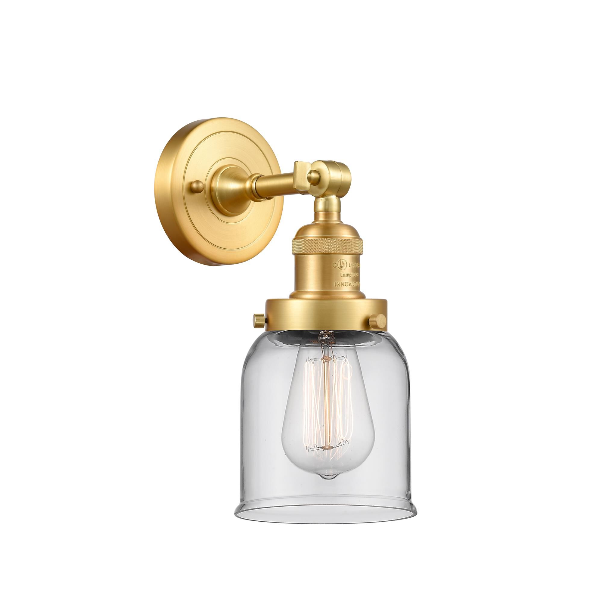 Shown in Satin Gold finish and Clear Small Bell glass