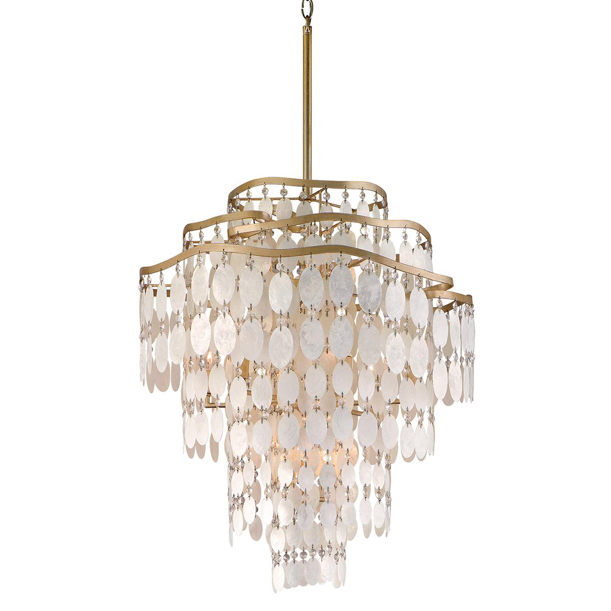 Shown in Champagne Leaf finish and Capiz, Clear glass and Capiz Shell, Crystal shade