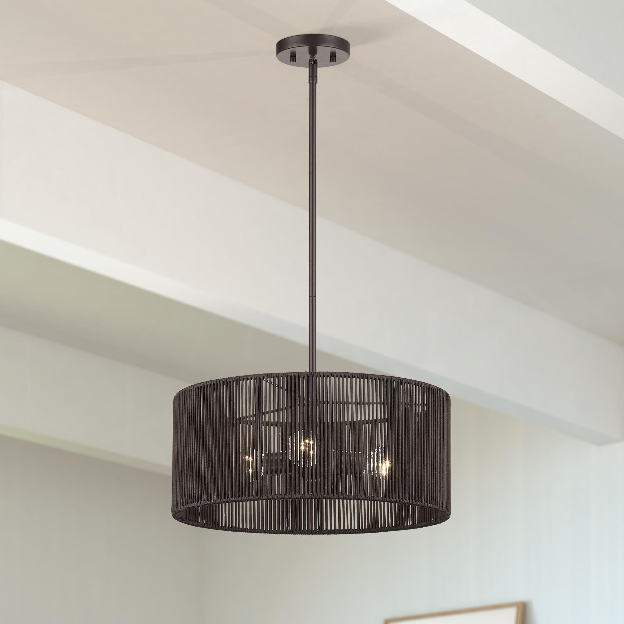 Shown in English Bronze finish and Hand-Woven Dark Chocolate Color Polyester Rope shade