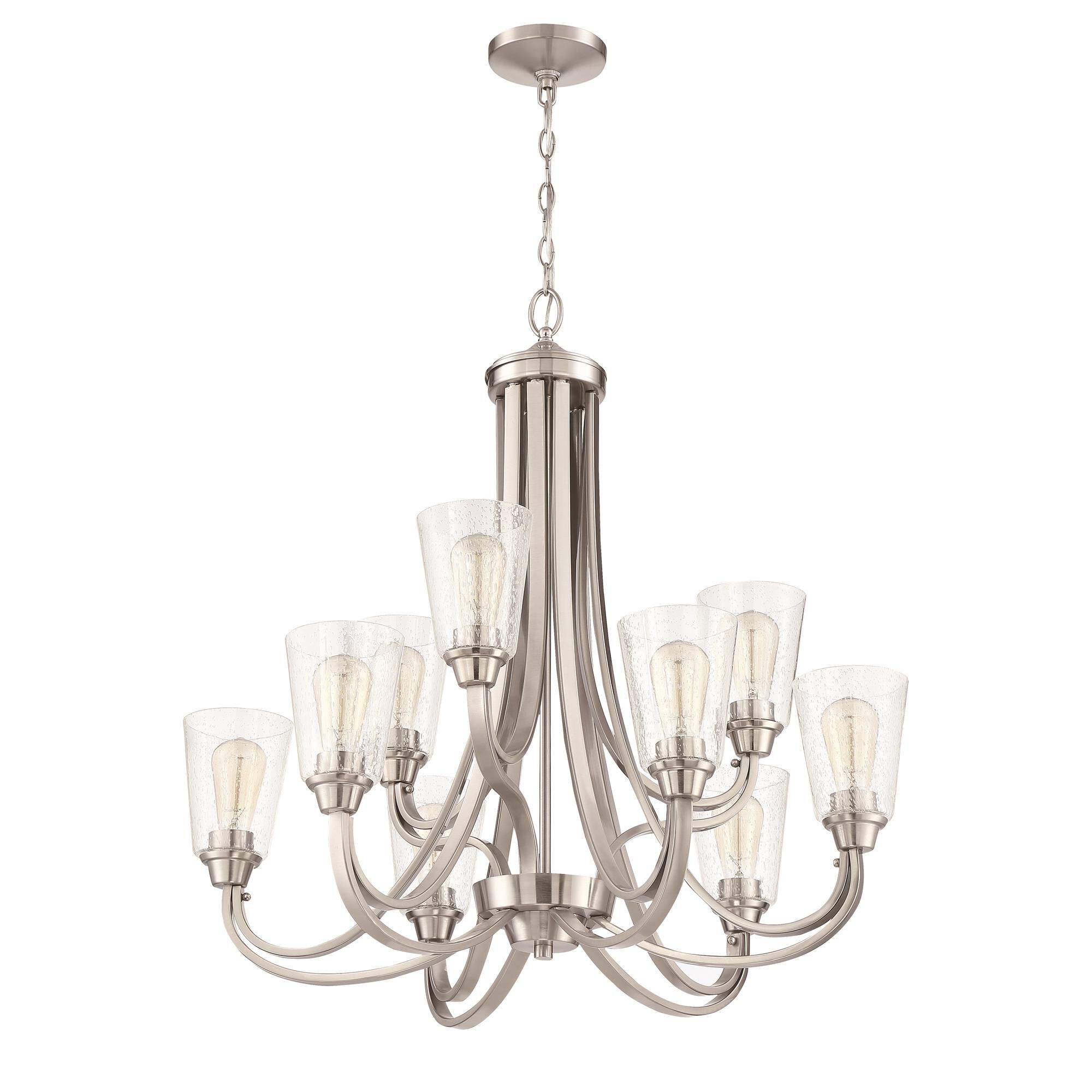 Shown in Brushed Polished Nickel finish and Clear Seeded glass and Glass shade