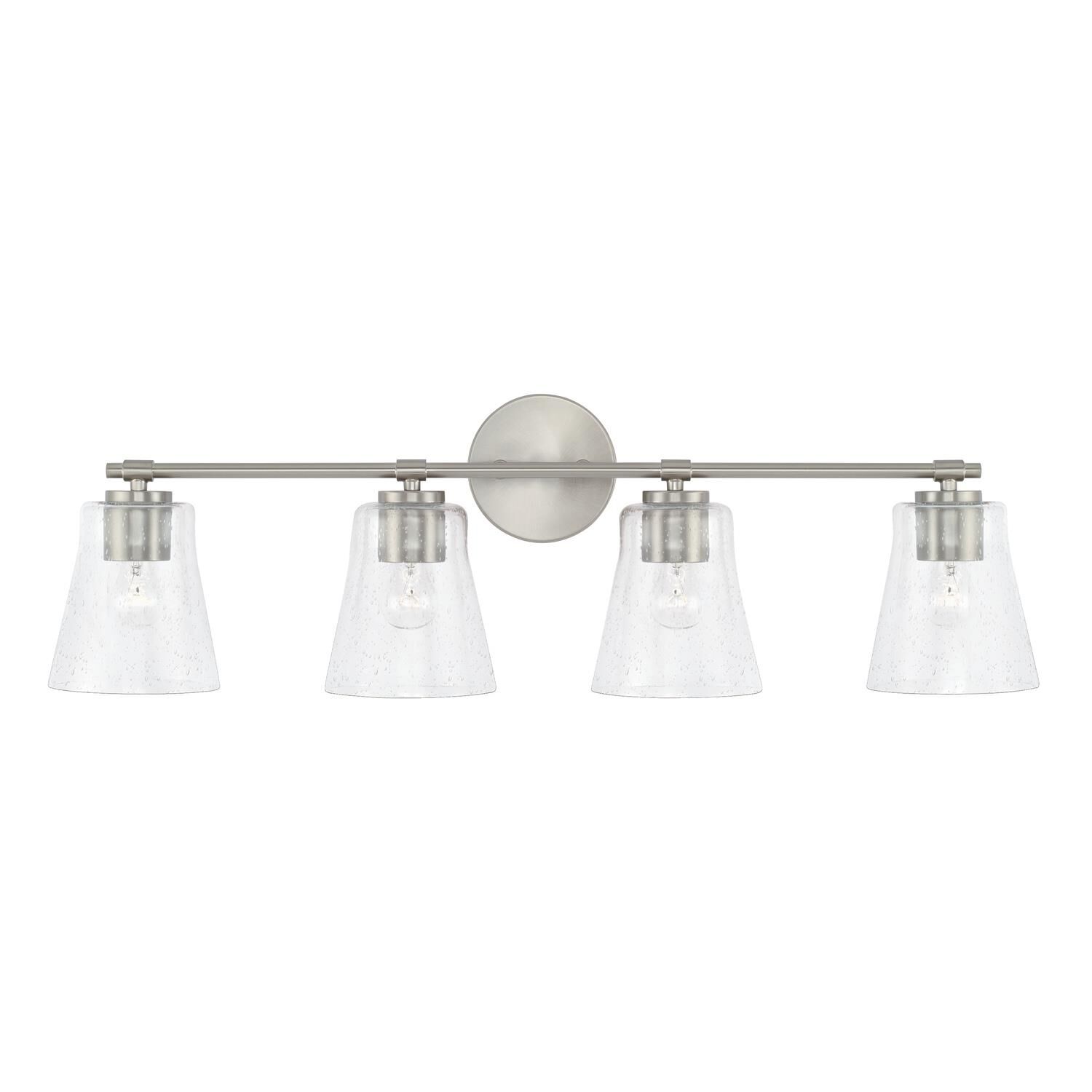 Shown in Brushed Nickel finish and Clear Seeded glass